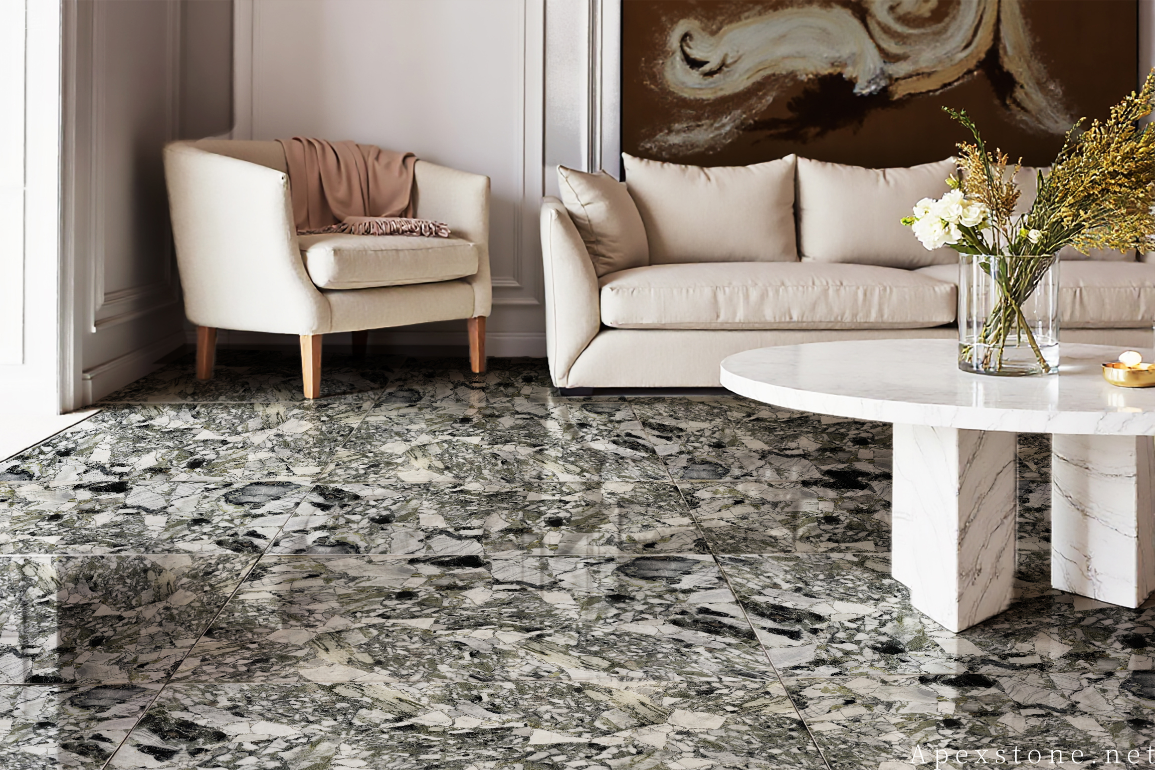 Primavera Marble living room floor installation with honed finish