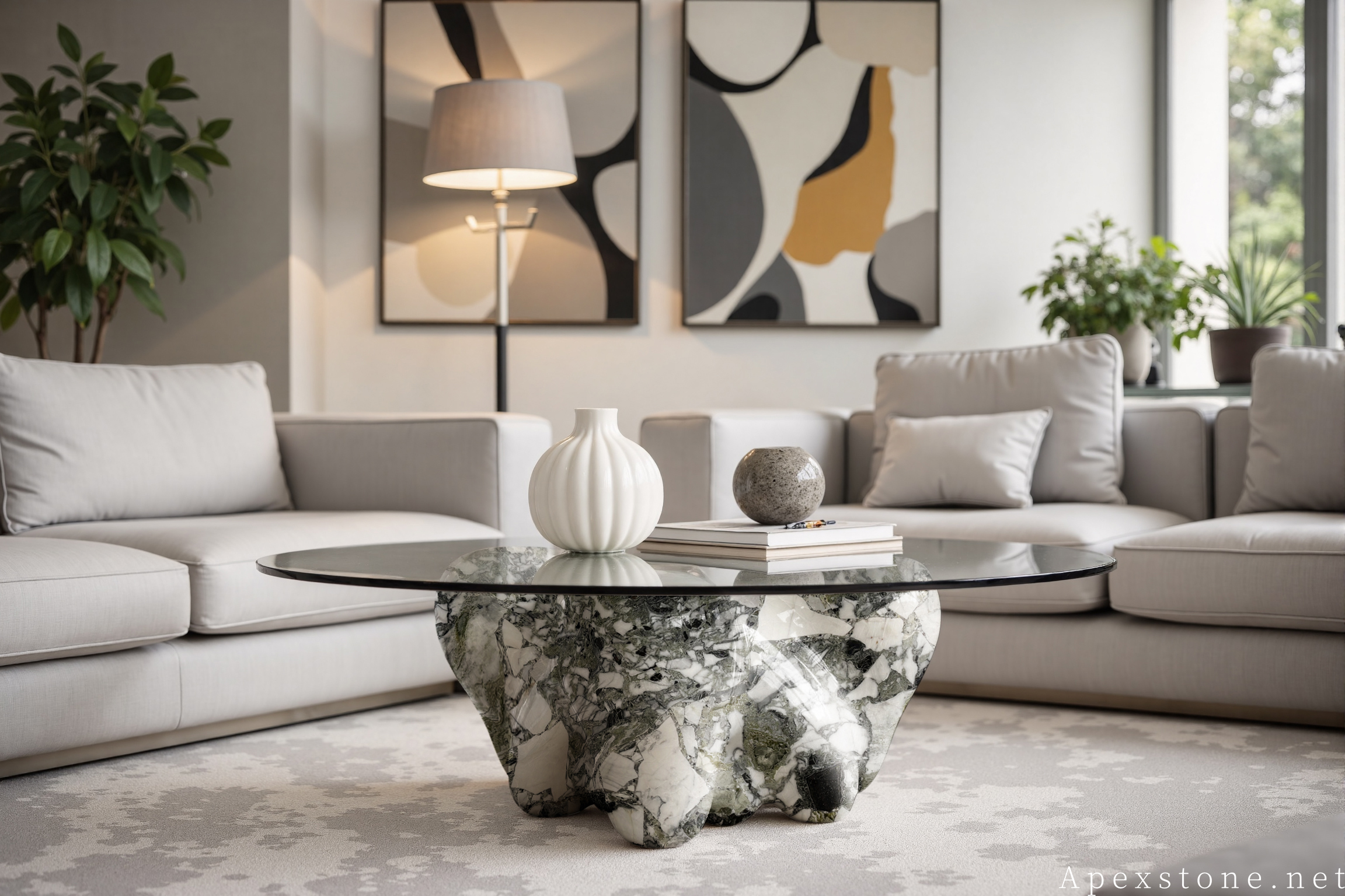 Primavera Marble living room interior with emerald green feature wall and natural light