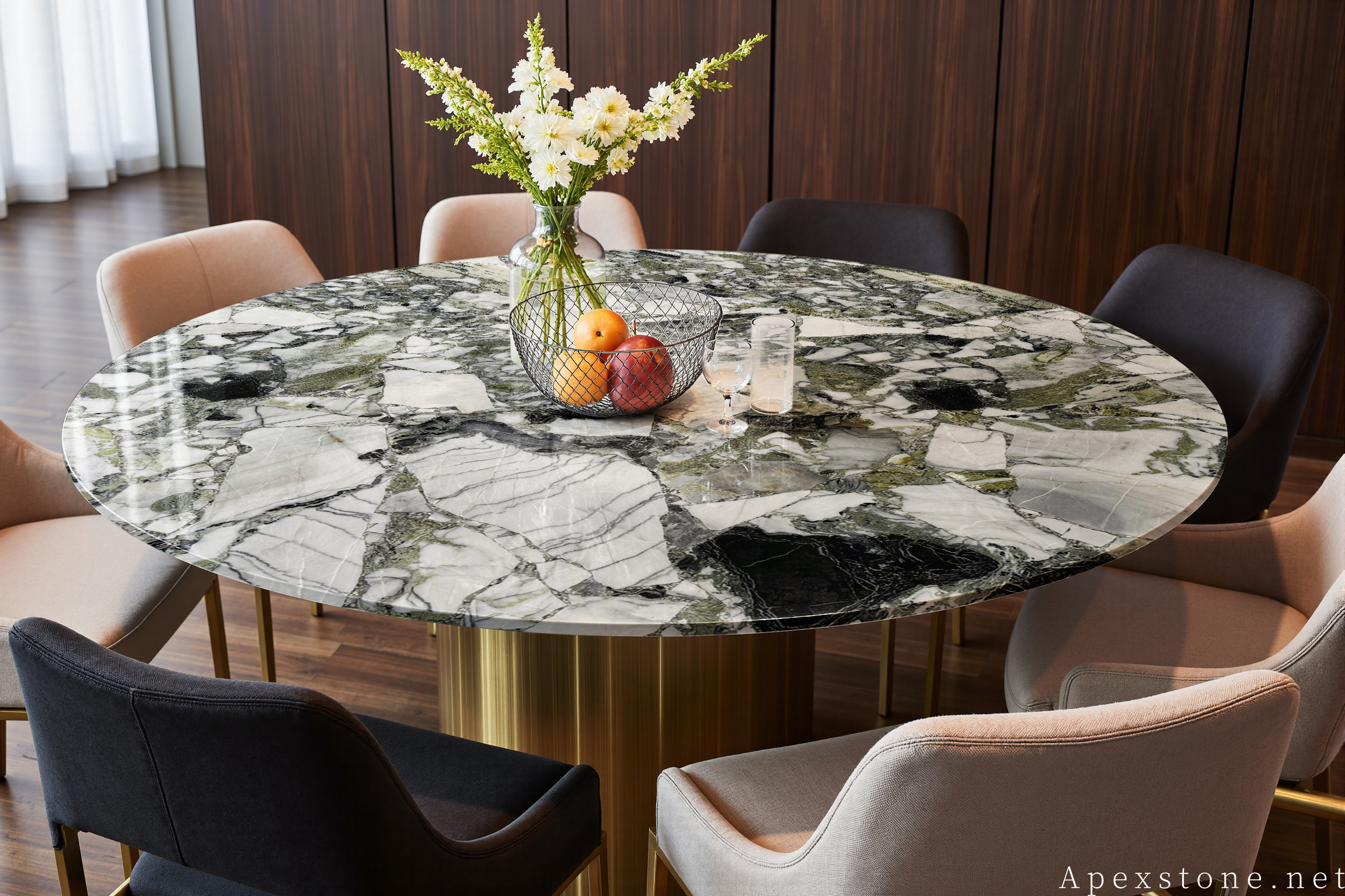 Primavera Marble round brass-base dining table