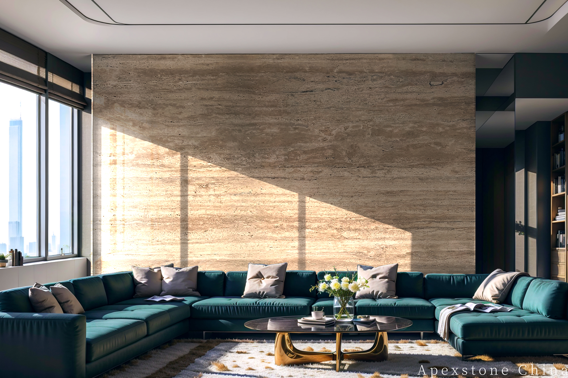 Sunlit living room with a horizontal-vein Travertine Romano feature wall
