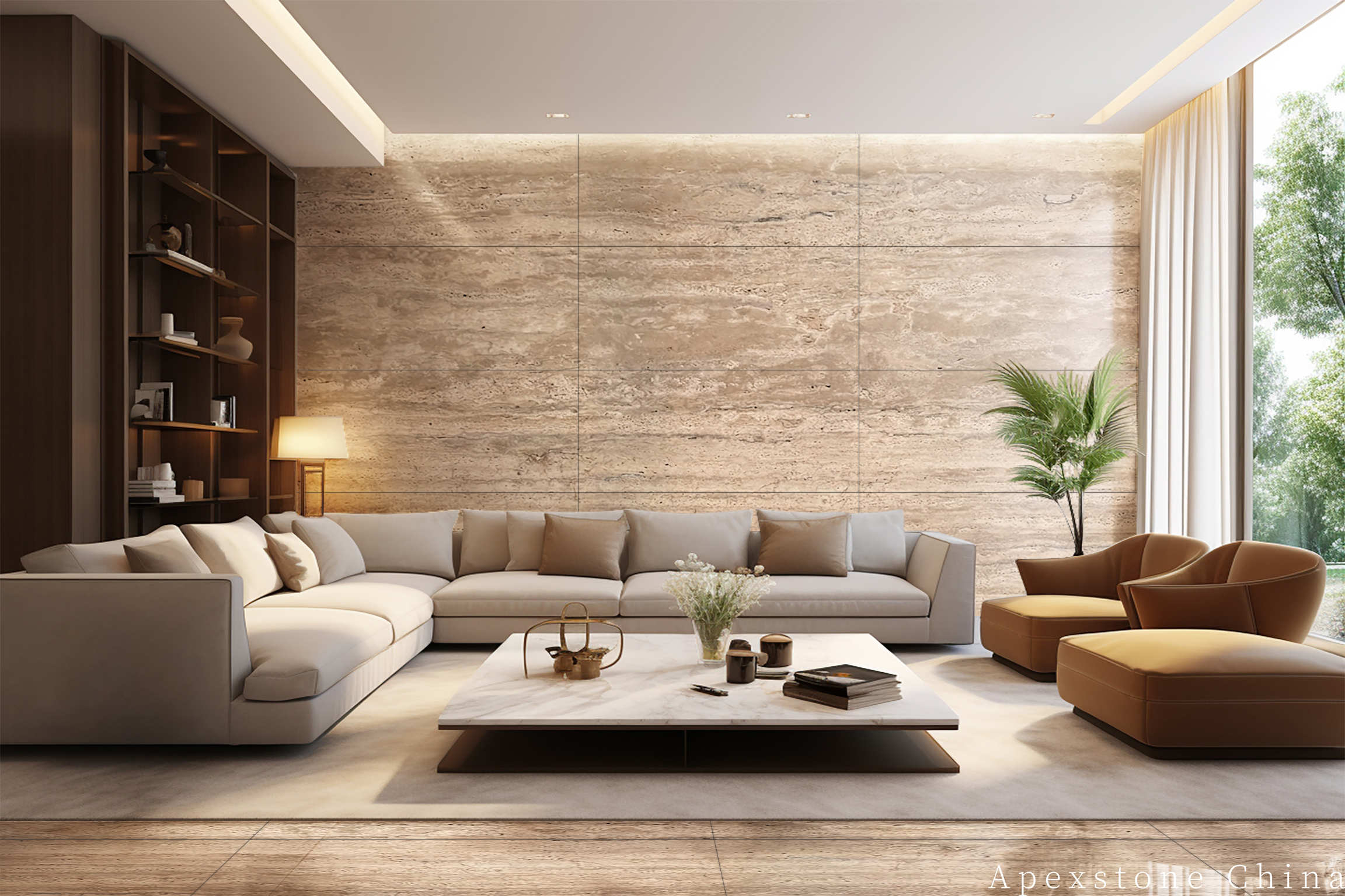 Full-height Travertine Romano wall panels with a deliberate architectural joint grid