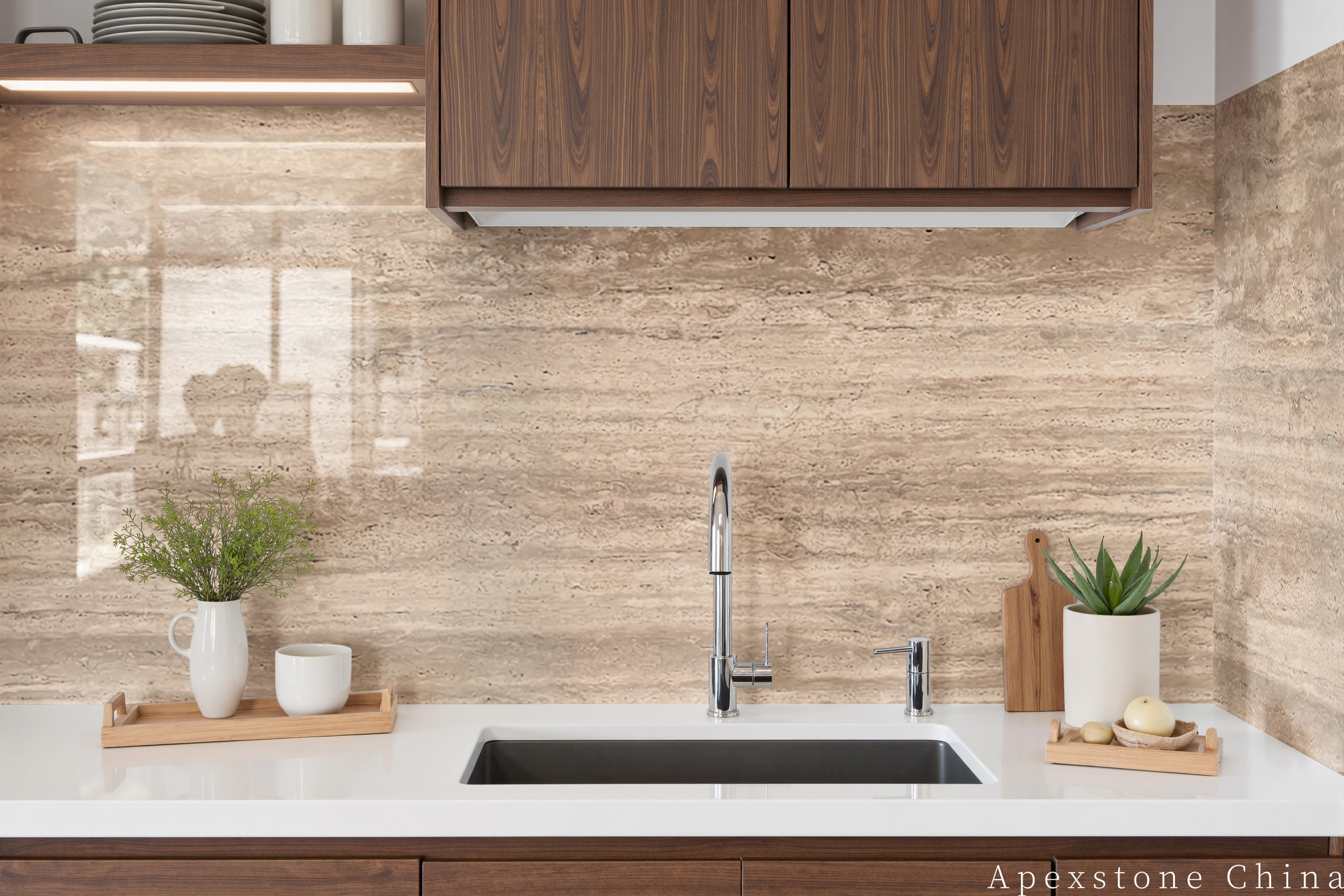 Fine-scale Travertine Romano wall treatment
