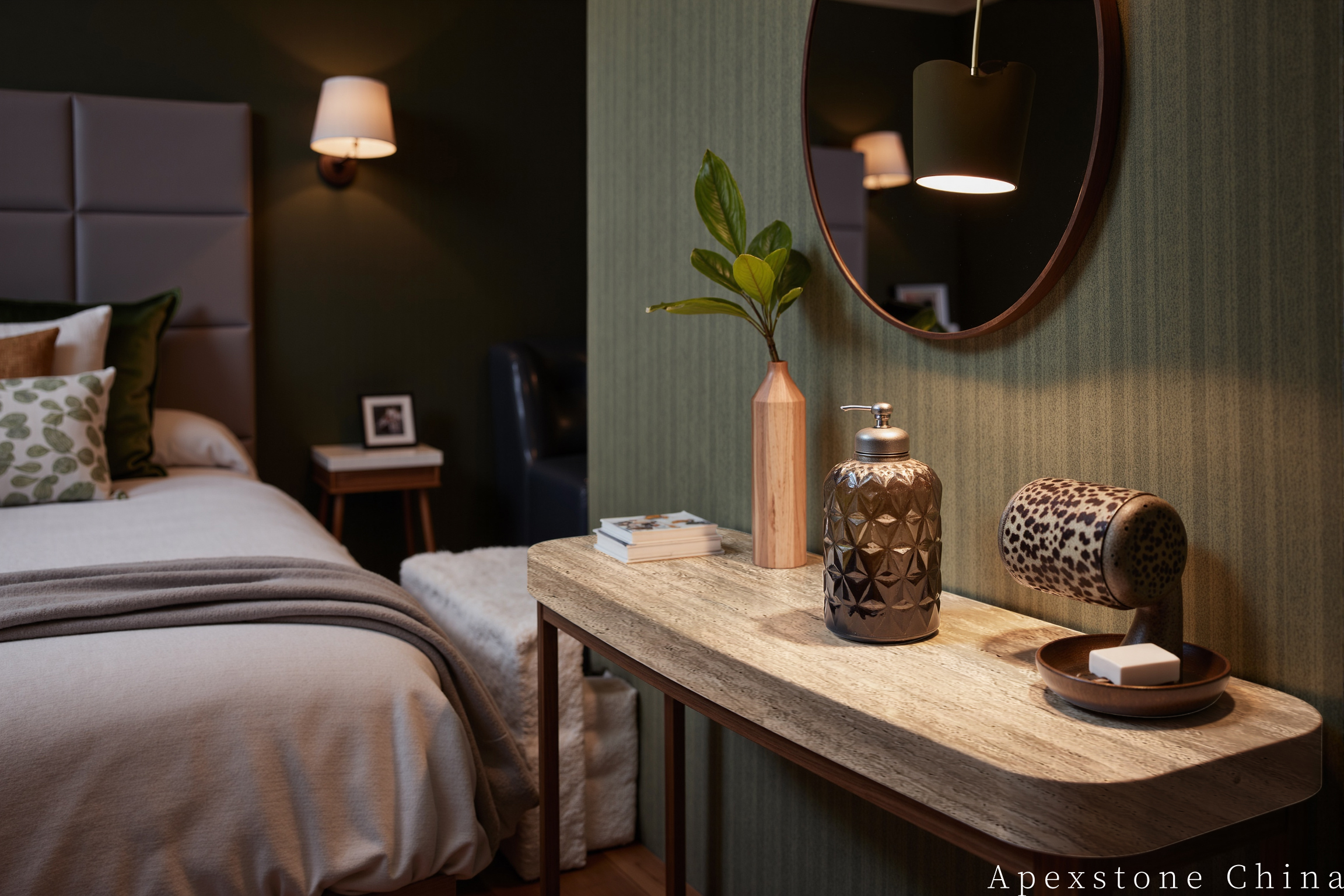 Olive and timber bedroom palette with a Travertine Romano console