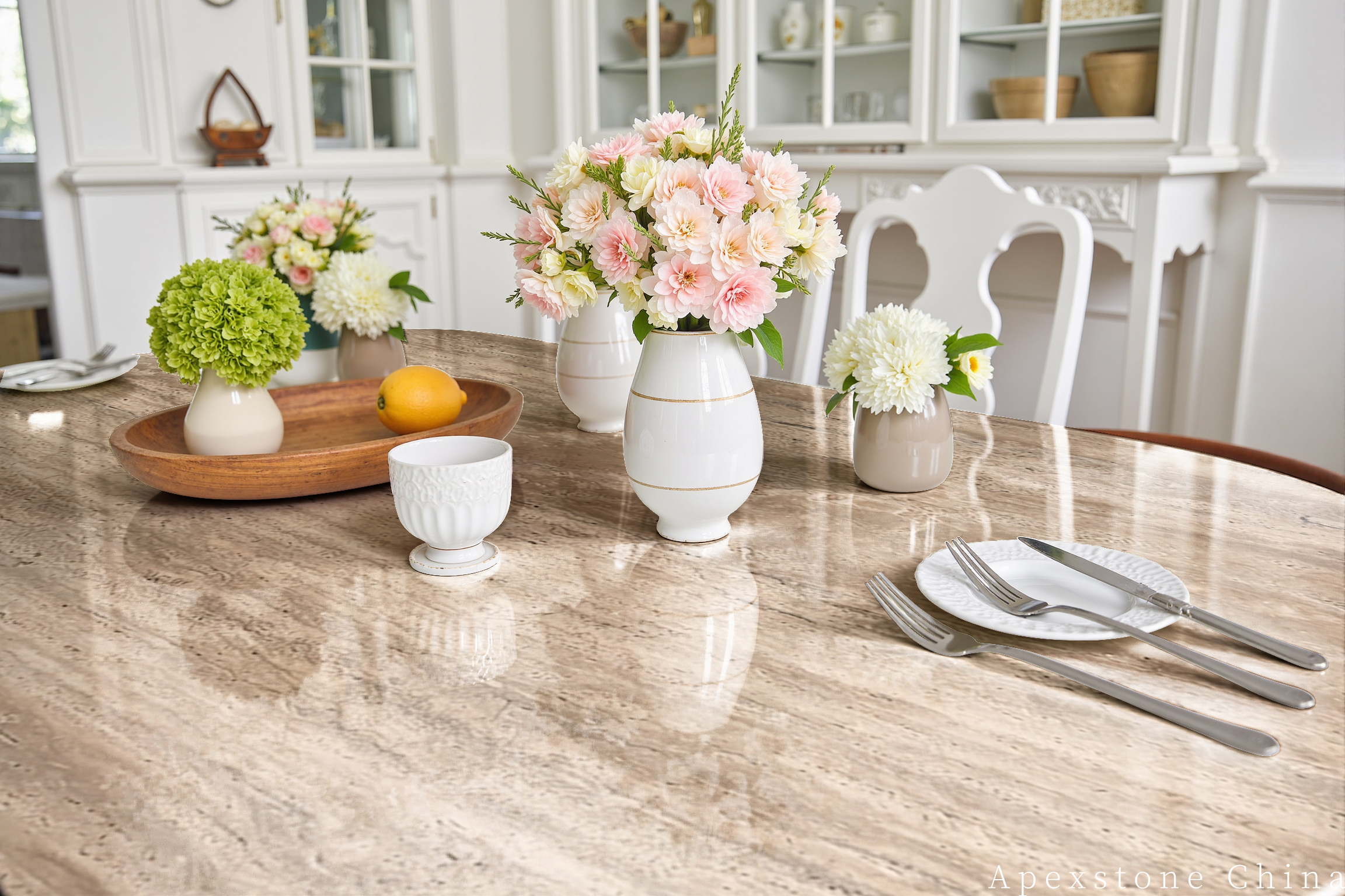 Travertine Romano round dining table top detail