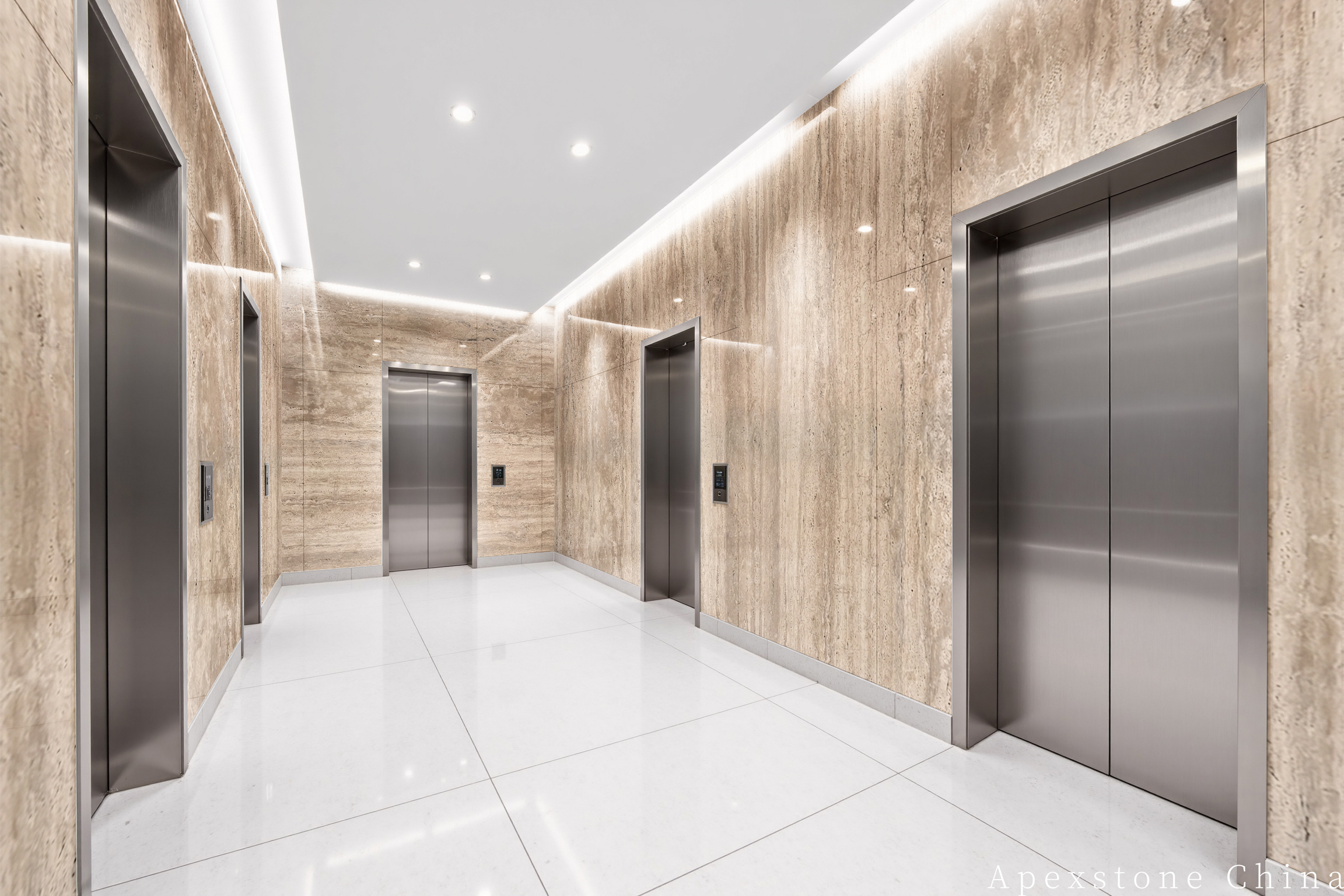 Entrance lobby finished with coordinated Travertine Romano wall panels