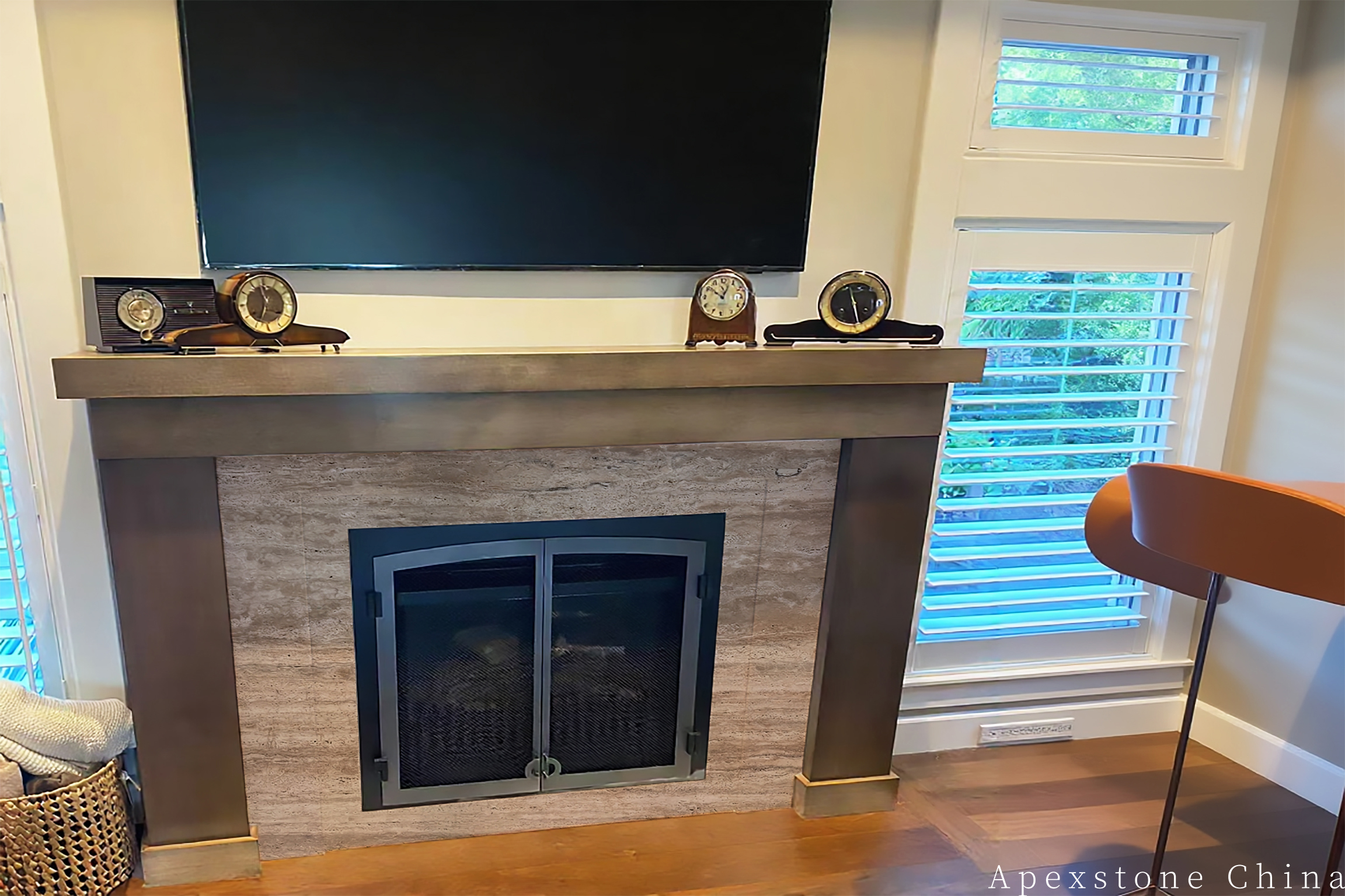 Travertine Romano full-height fireplace wall panels