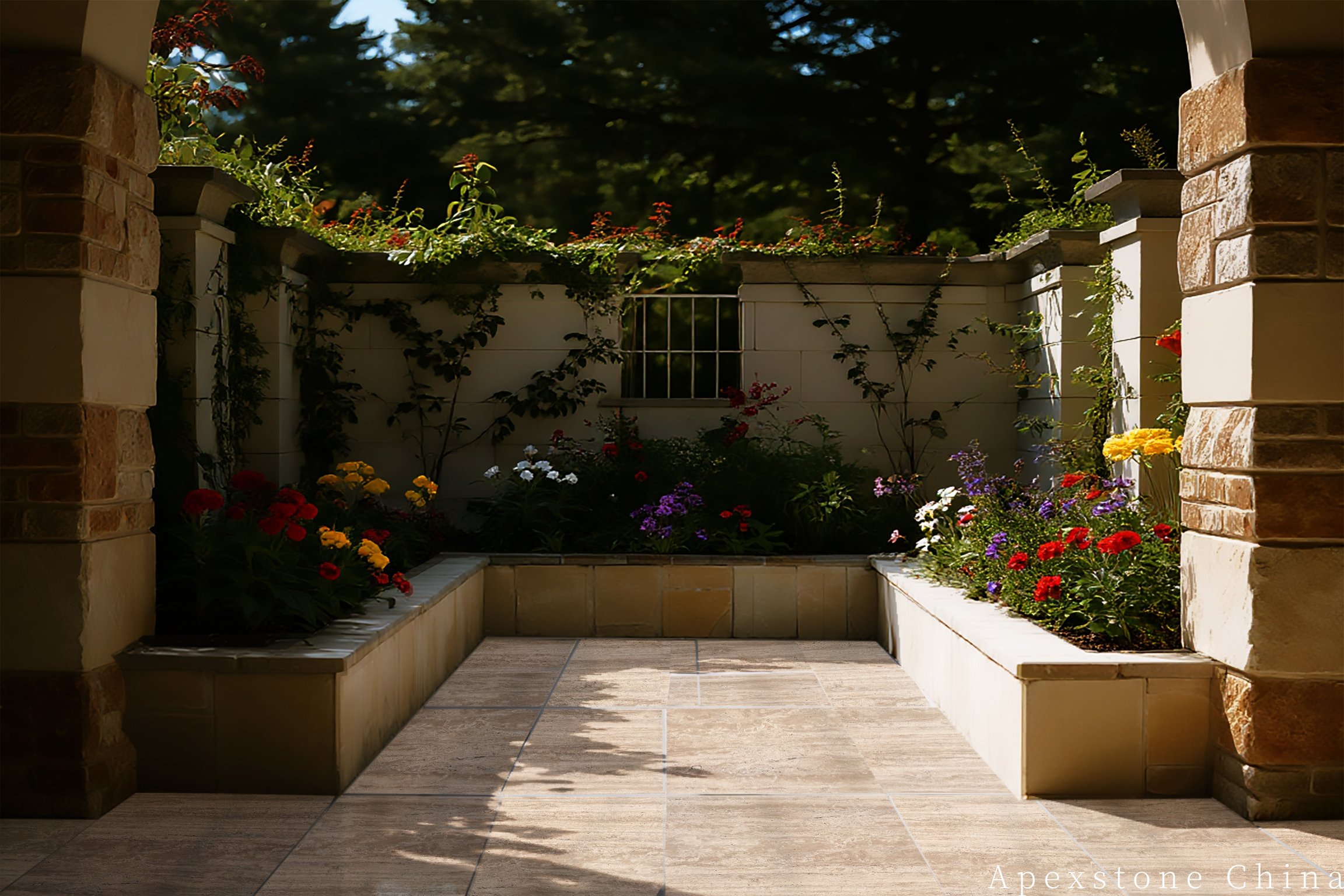 Landscaped courtyard paved with warm beige Travertine Romano beside planters