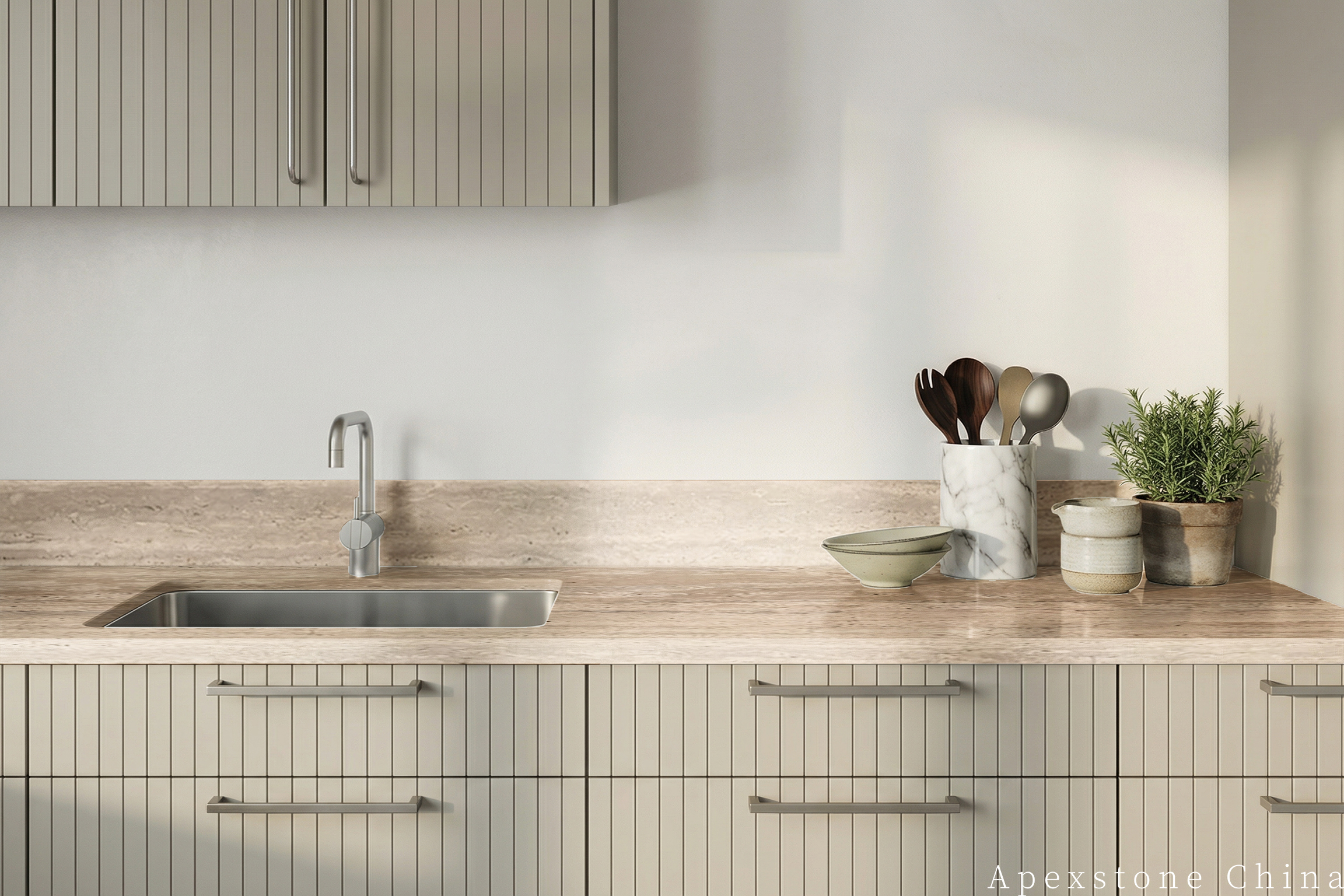 Minimal greige kitchen using a pale Travertine Romano worktop