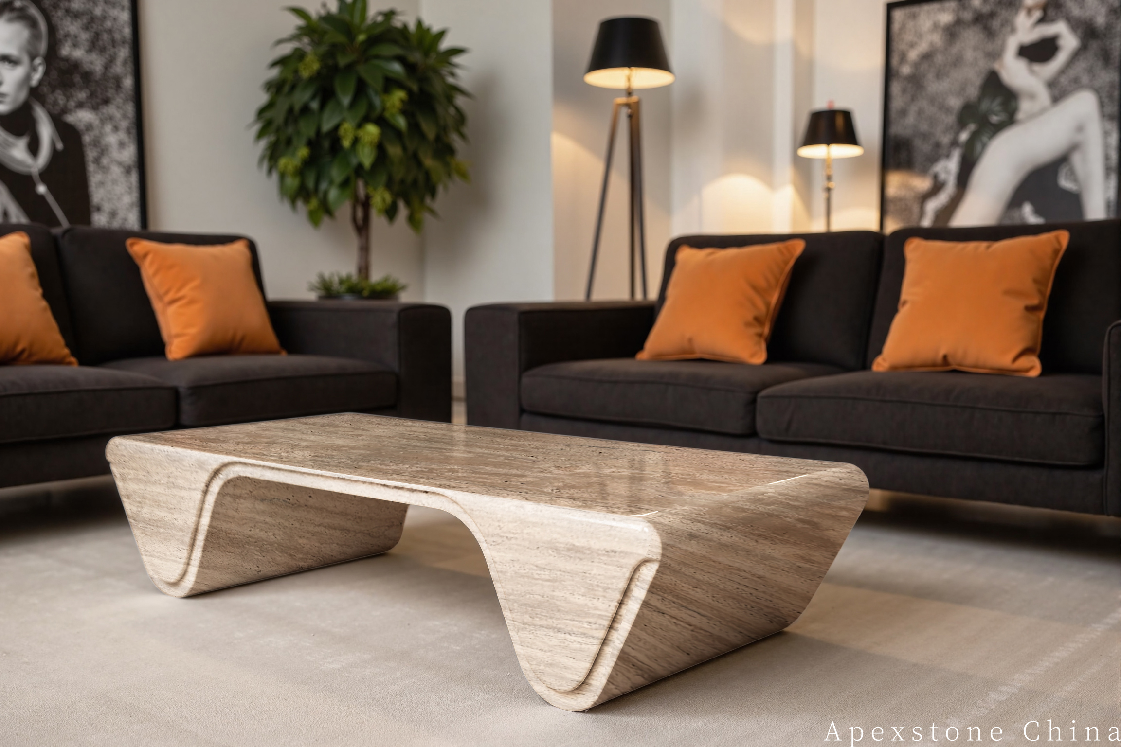Contemporary Travertine Romano interior balanced with black and warm orange accents