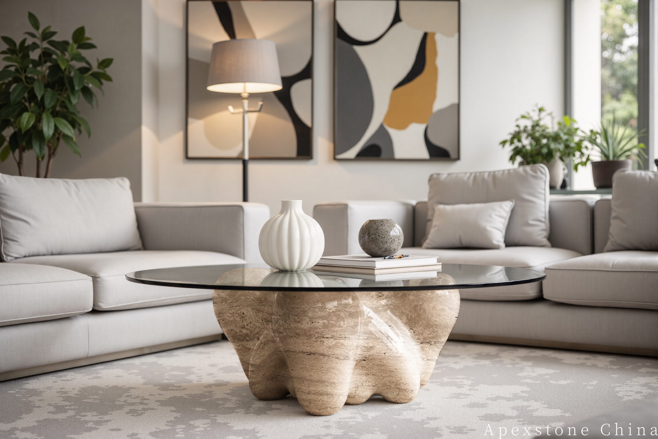 Warm neutral living room styled around a sculptural Travertine Romano table