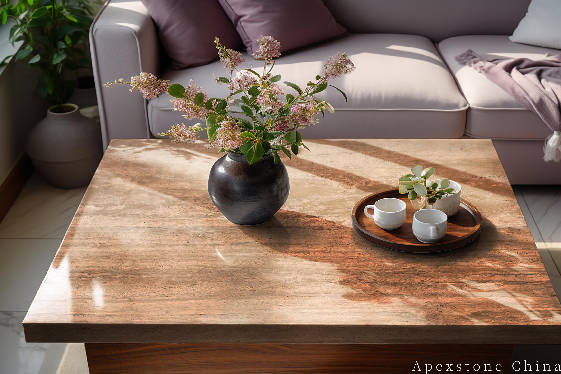Travertine Romano coffee table in living space setting