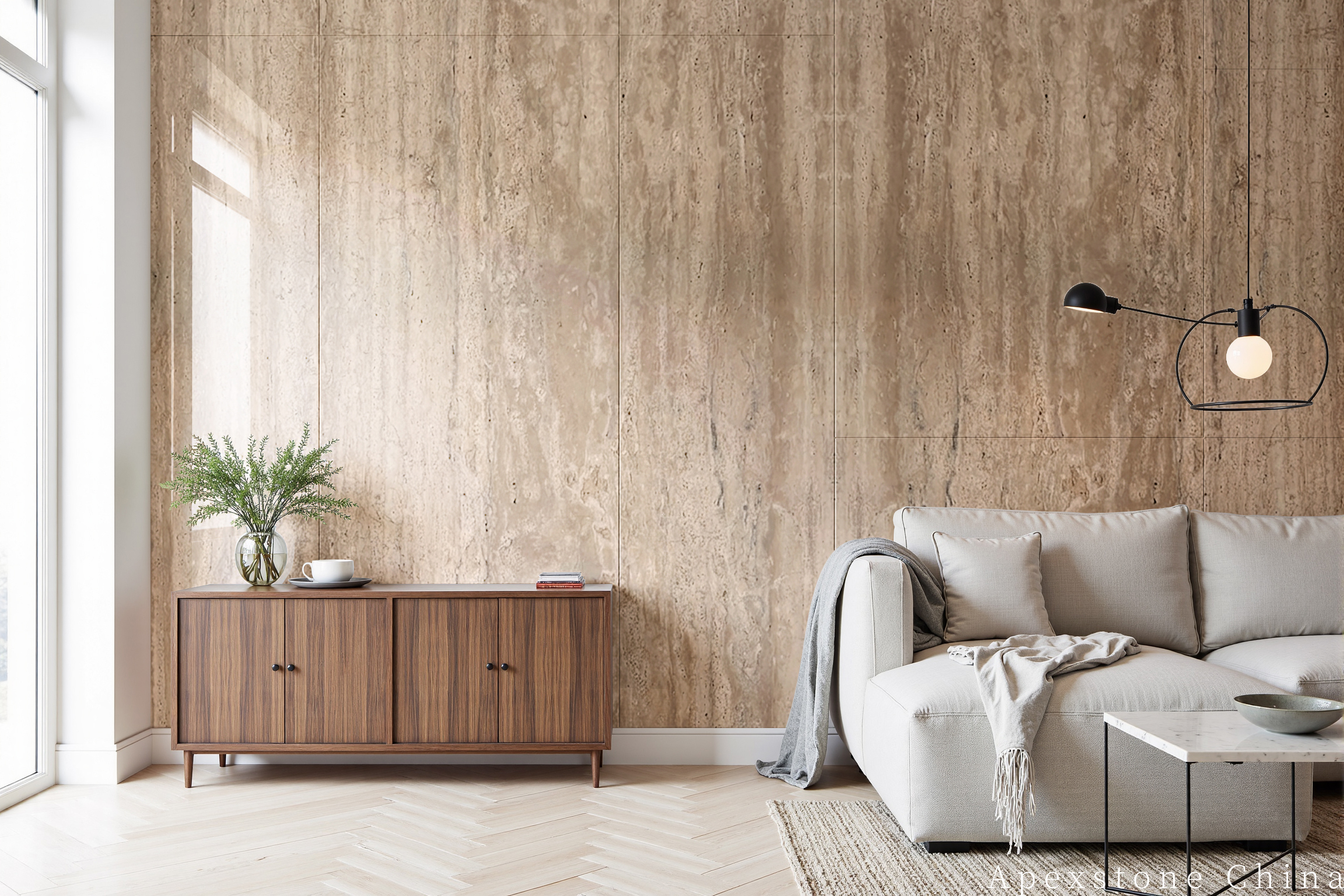 Living room clad with tall vertical-vein Travertine Romano panels
