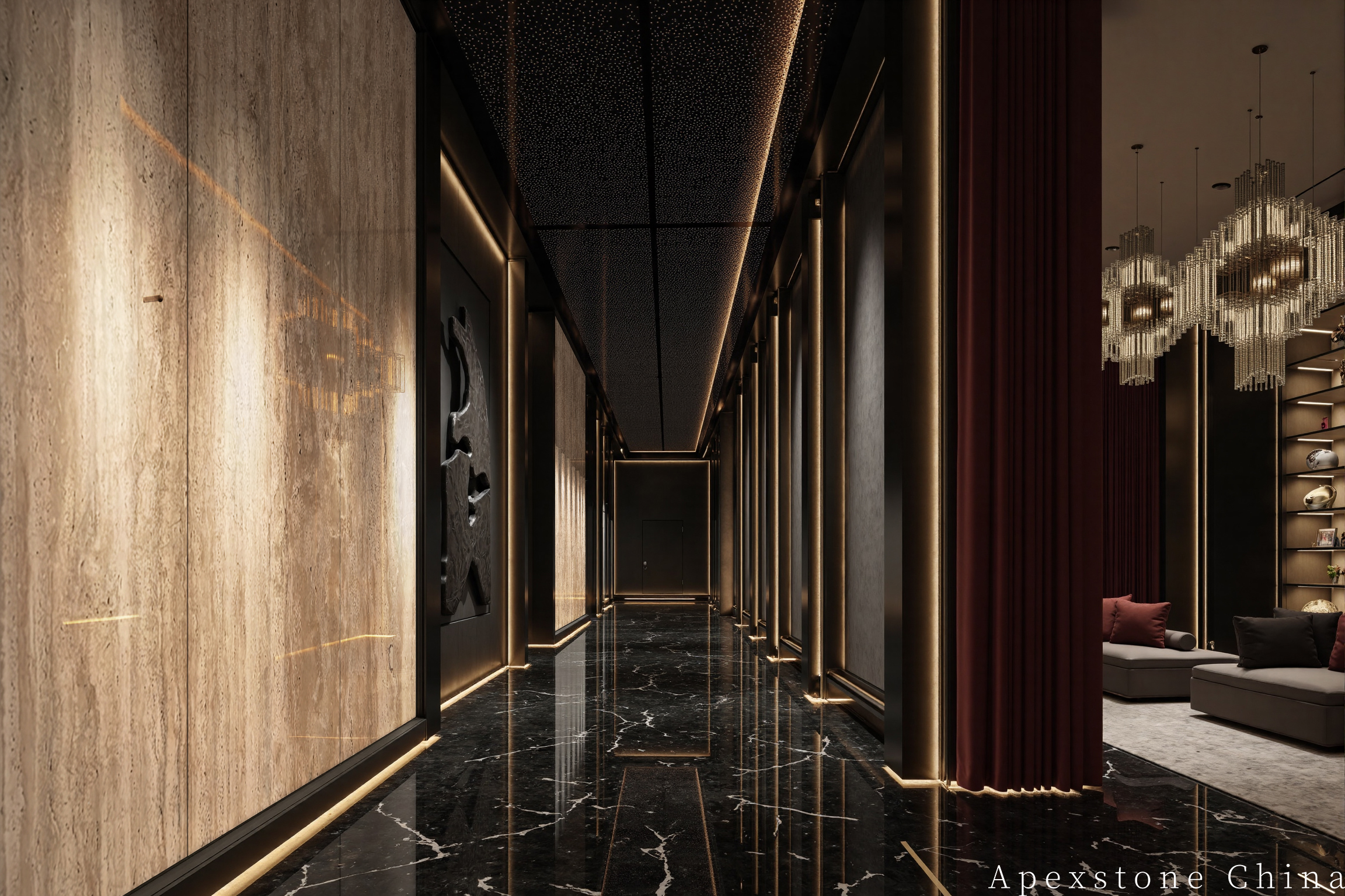 Hospitality corridor using grazed Travertine Romano wall panels