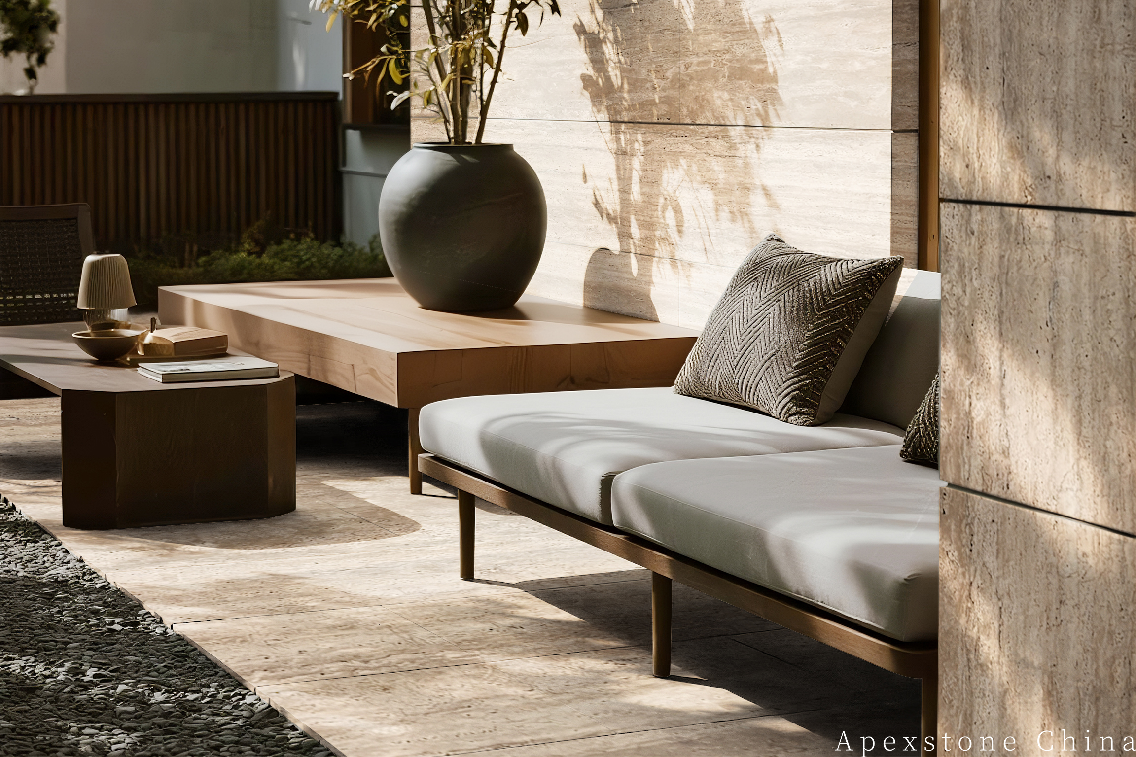 Outdoor lounge terrace finished with Travertine Romano paving