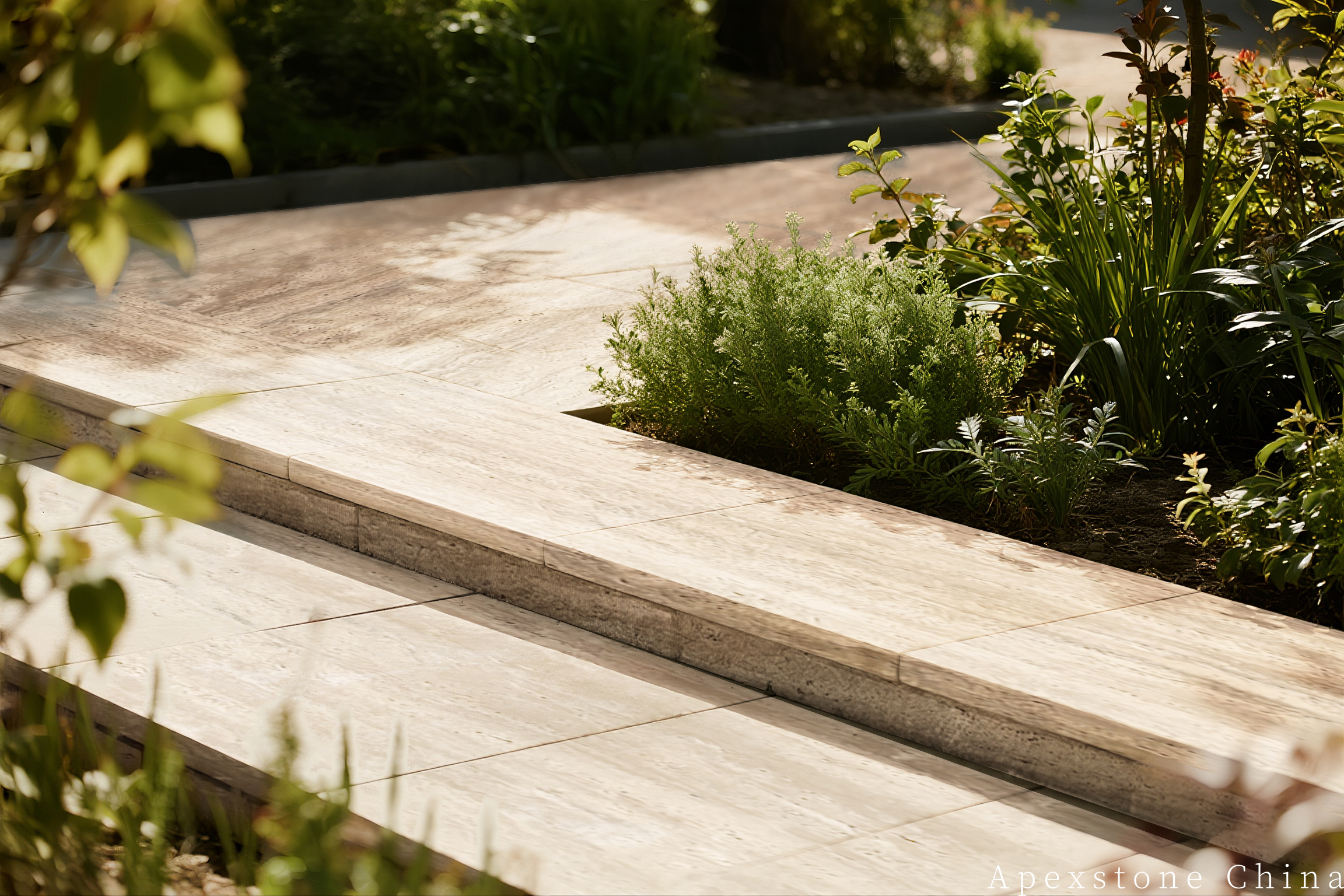 Landscaped garden steps and paving in Travertine Romano