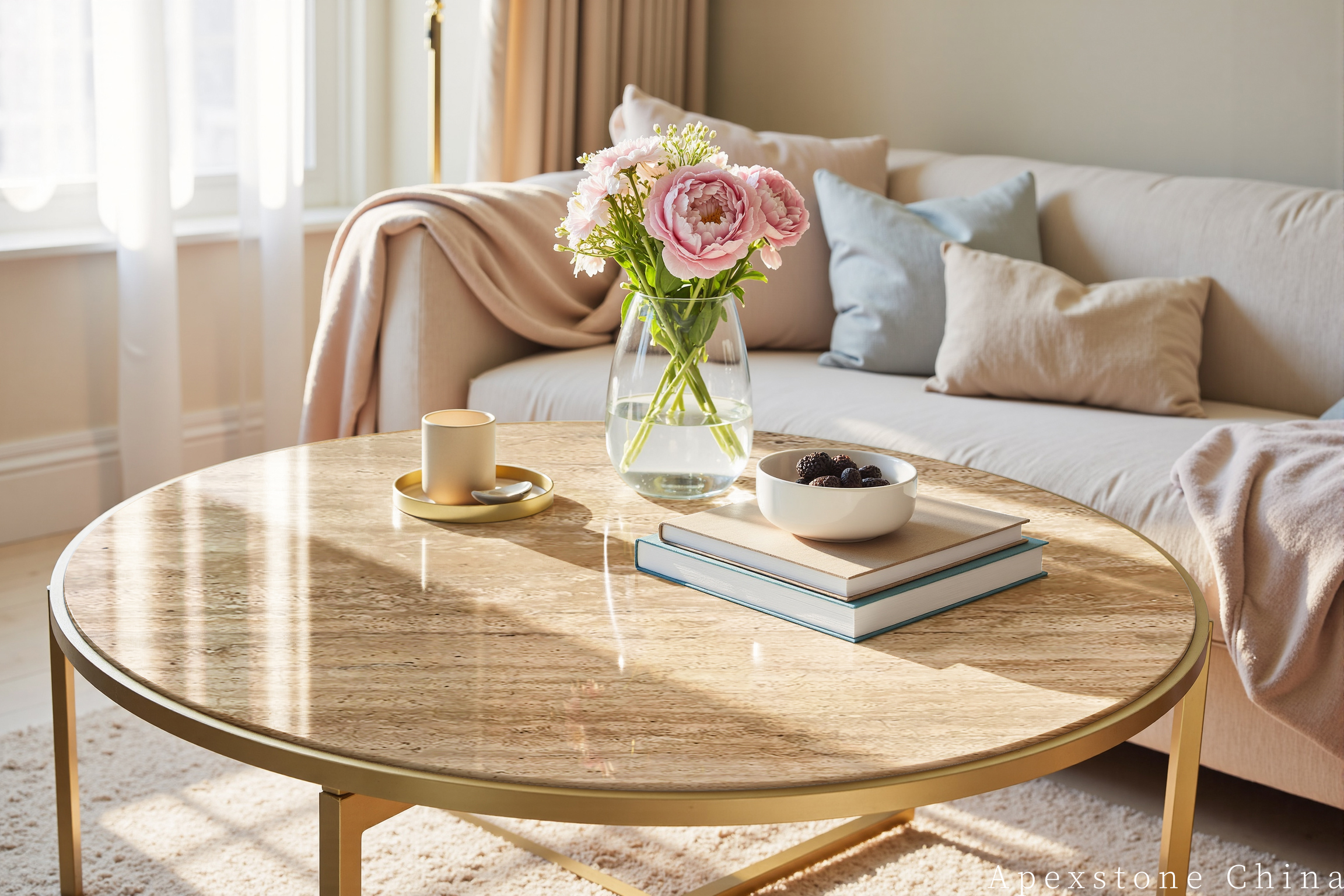 Travertine Romano round gold coffee table