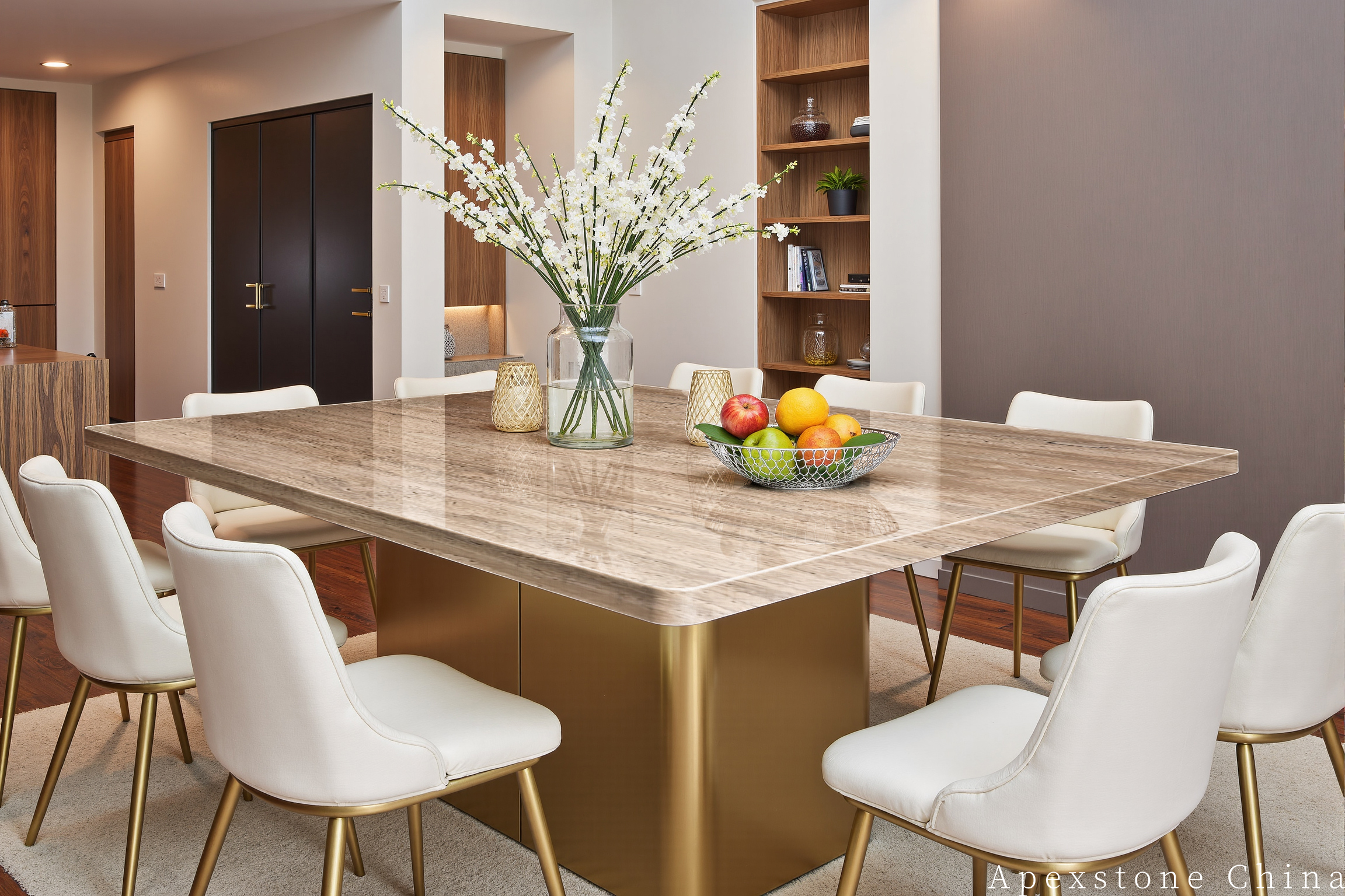 Travertine Romano square and gold dining table
