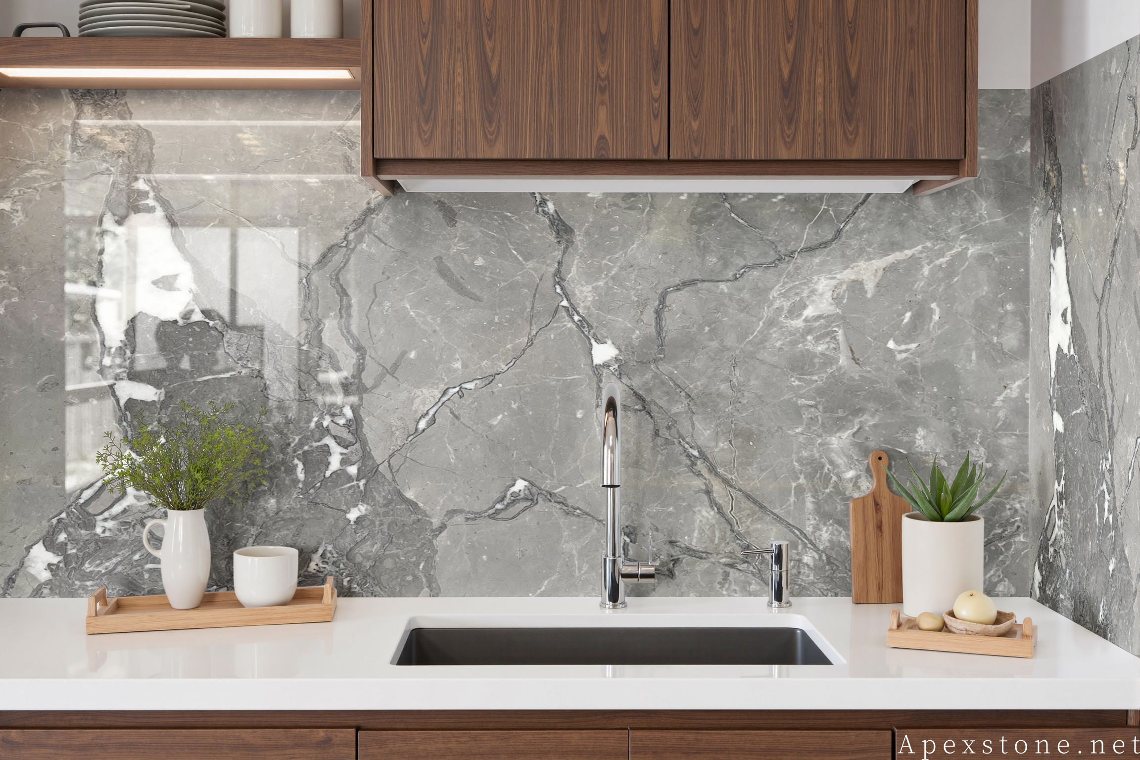 Aqua Grey marble backsplash paired with benchtop