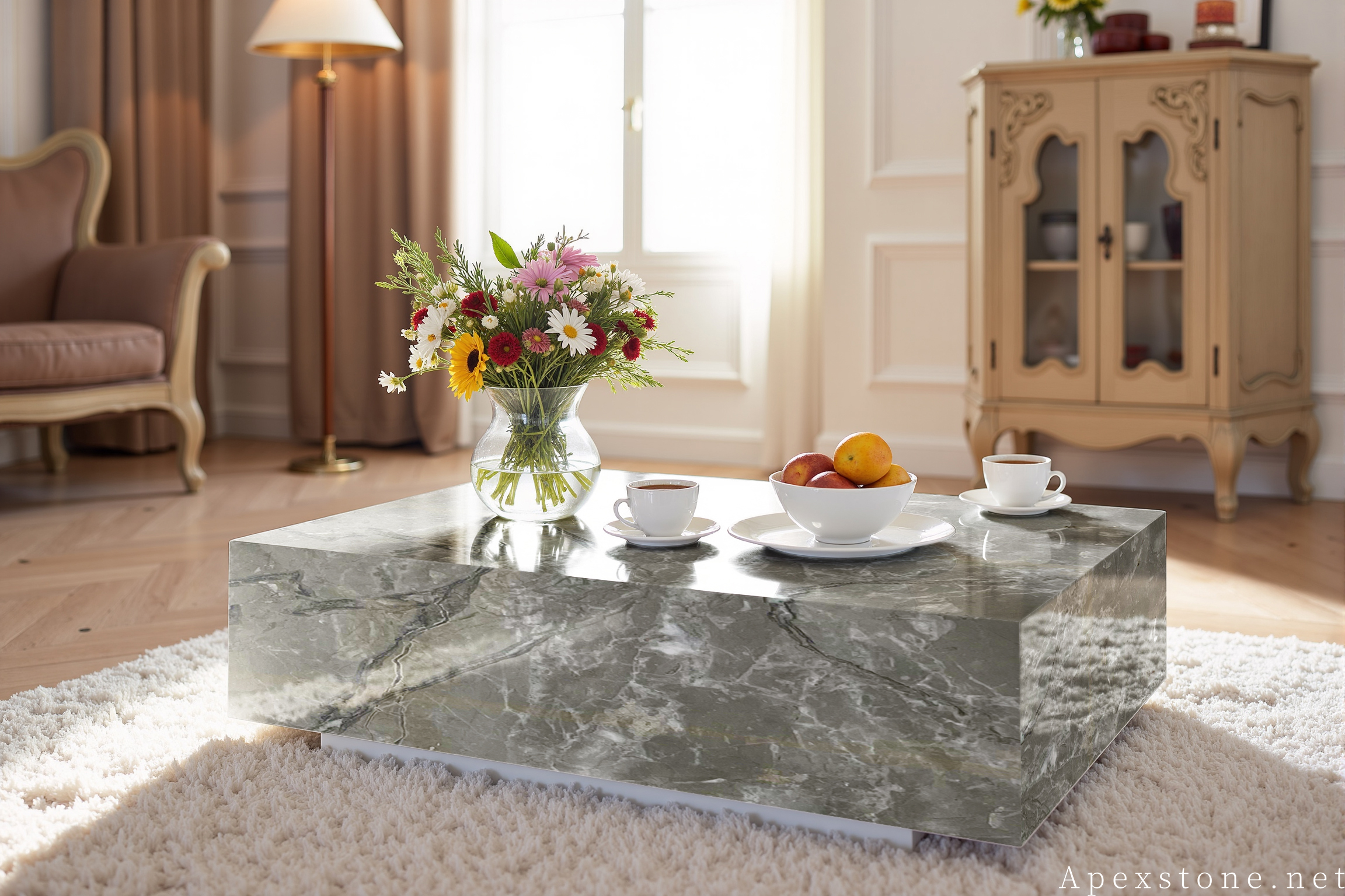 Aqua Grey marble block low coffee table