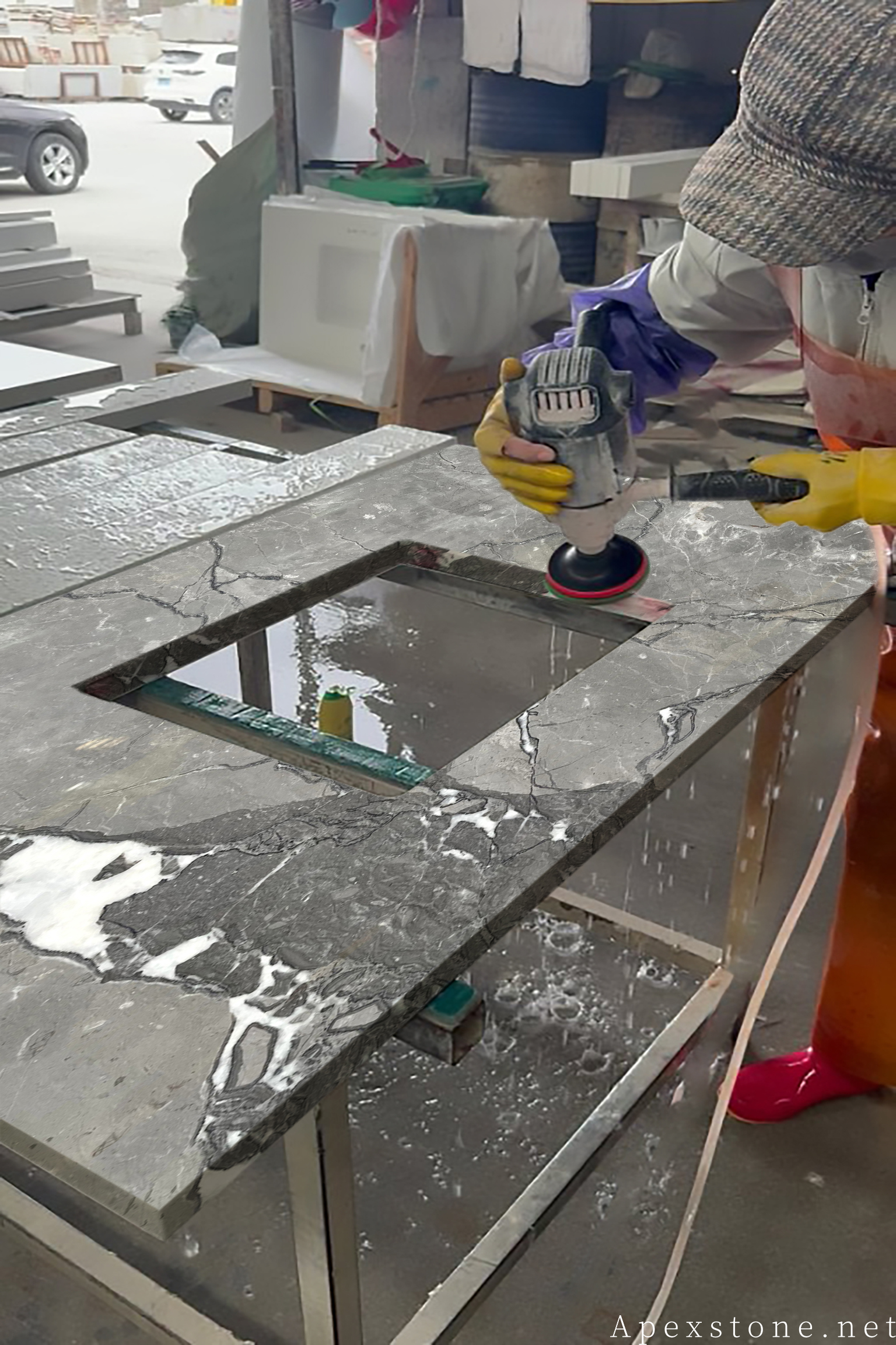 Aqua Grey marble benchtop CNC sink cutout