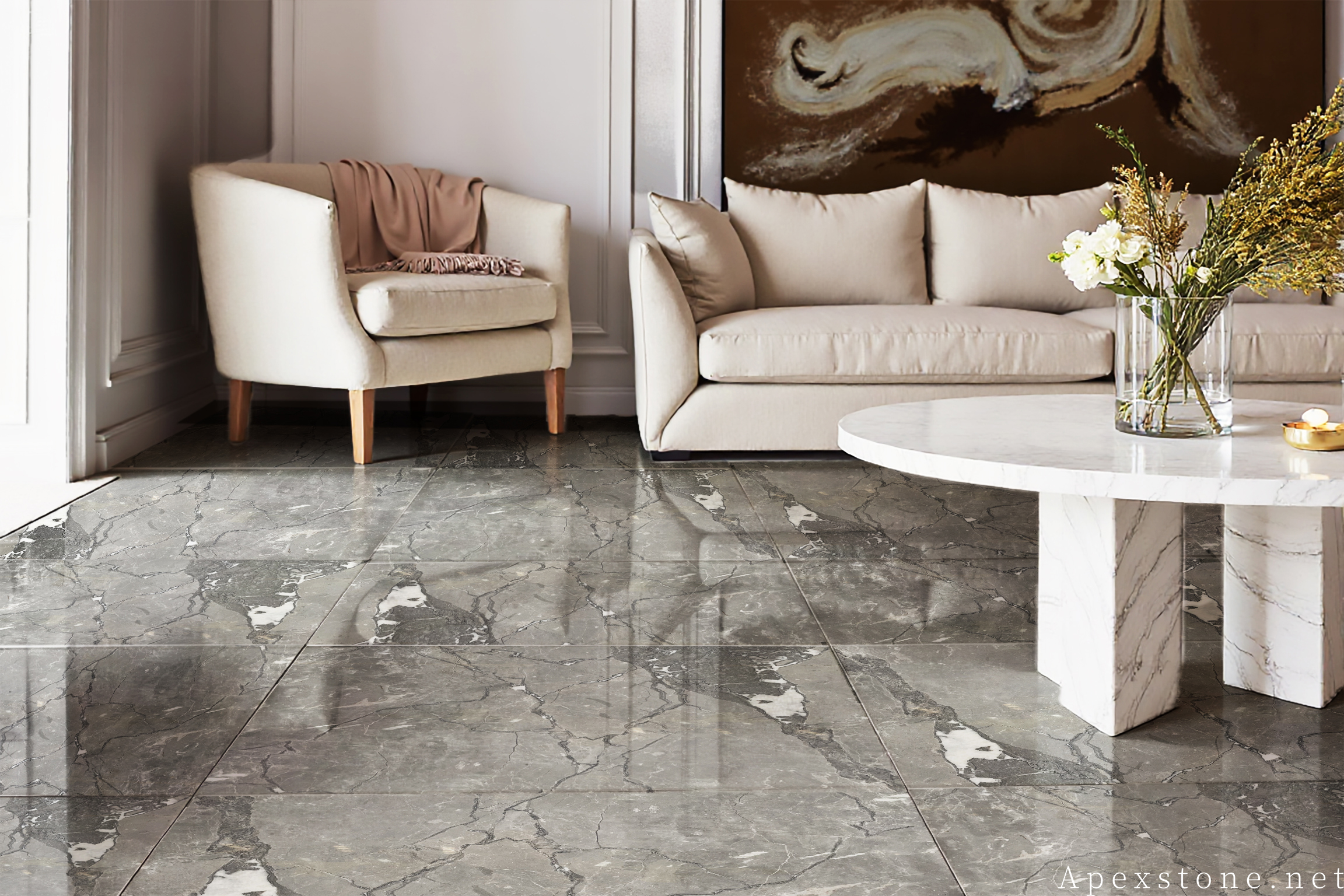 Aqua Grey marble living room floor installation with blue-grey base and fluid veining