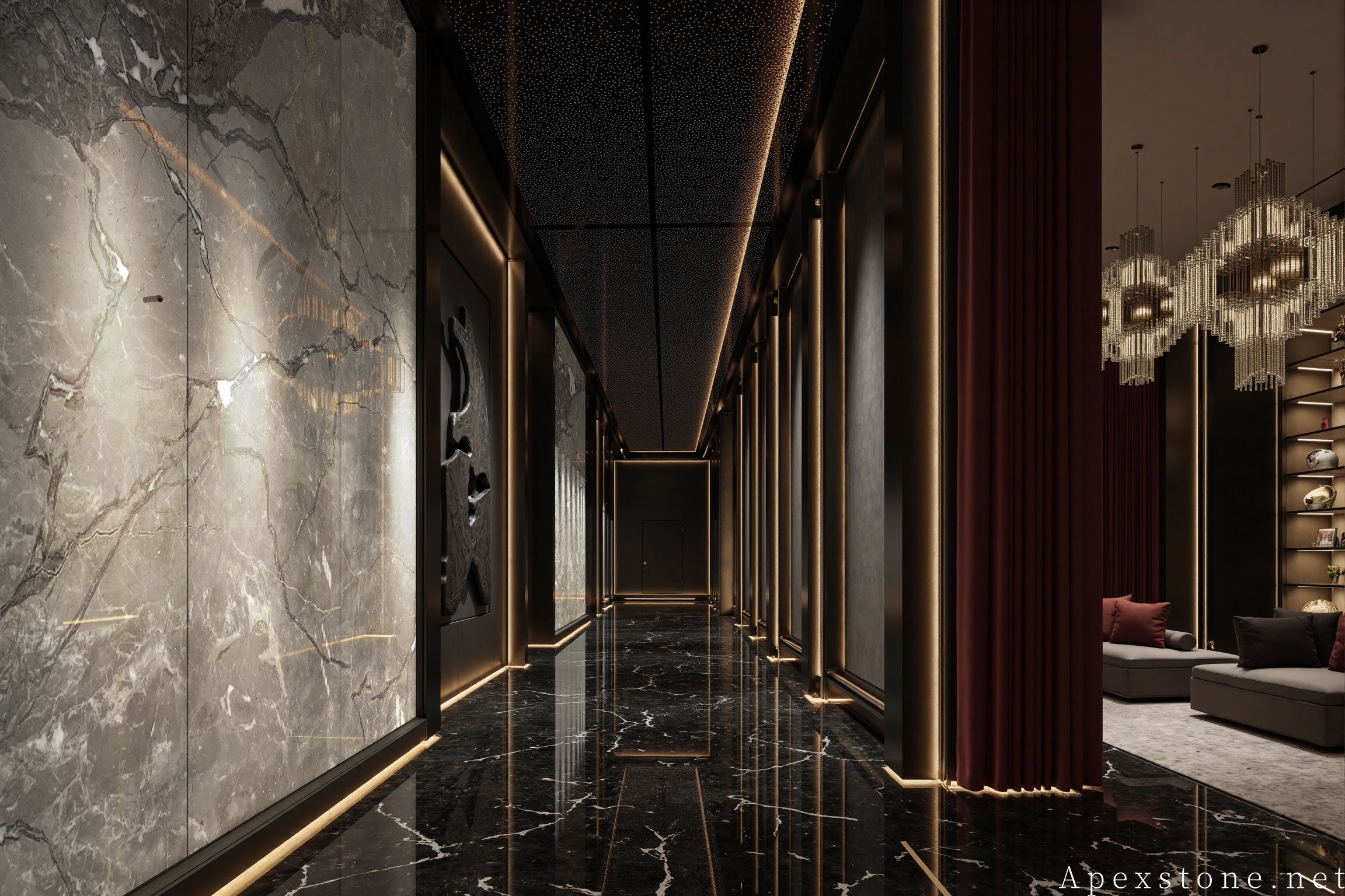 Aqua Grey marble lobby design with feature wall