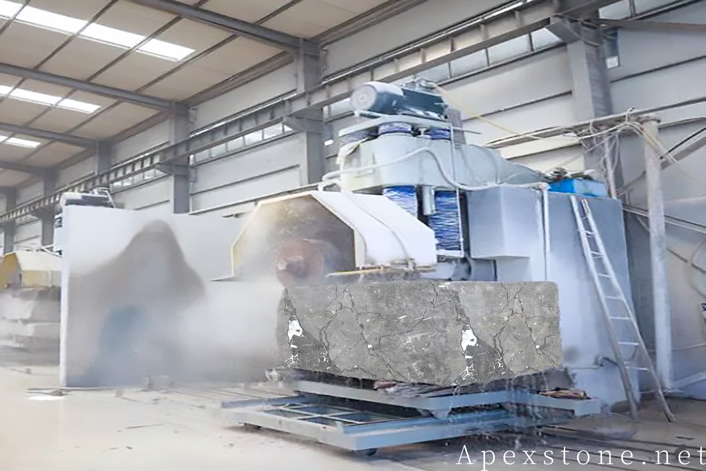 Aqua Grey Marble block cutting in factory