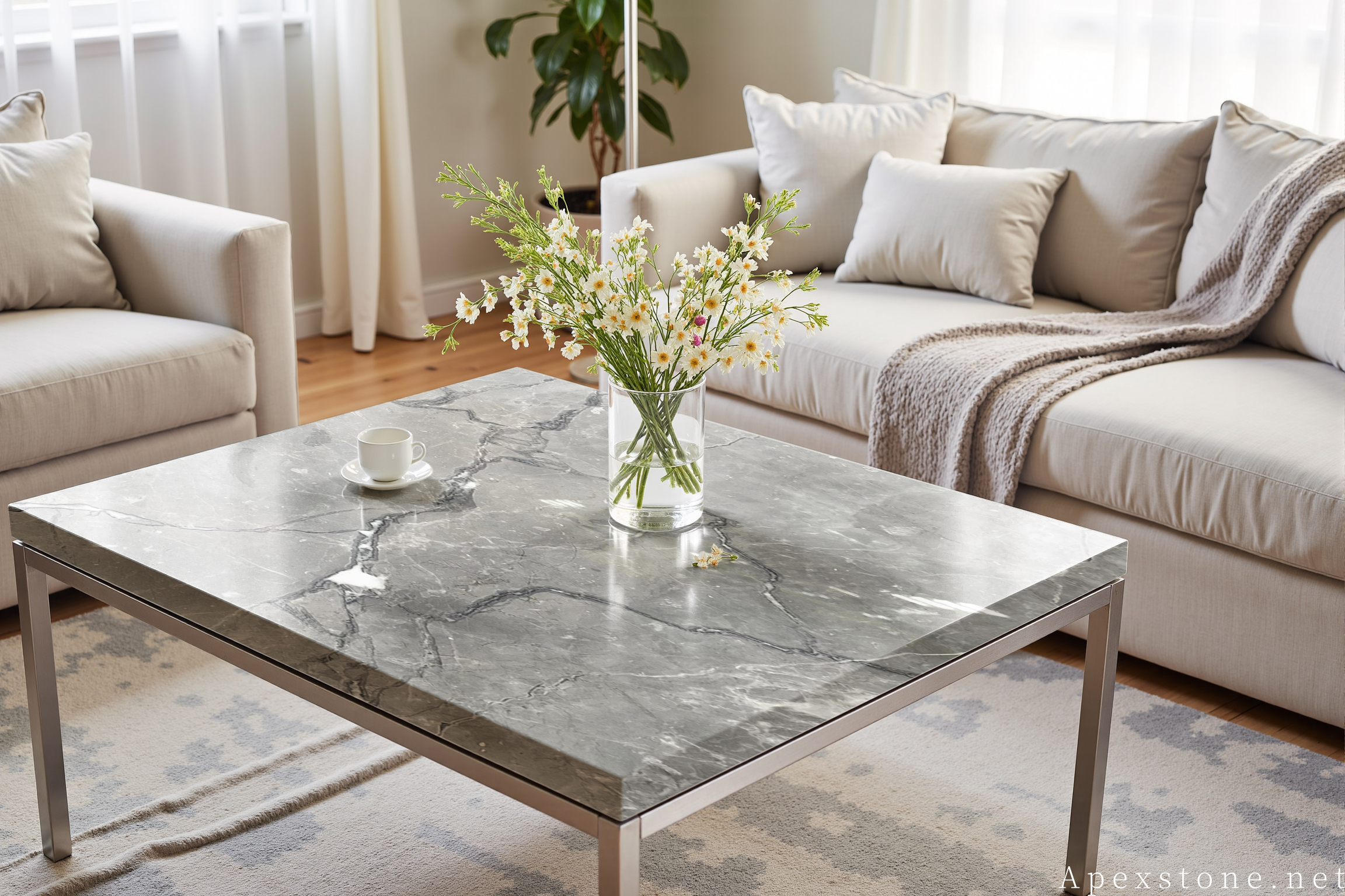 Aqua Grey marble square silver-base cocktail table