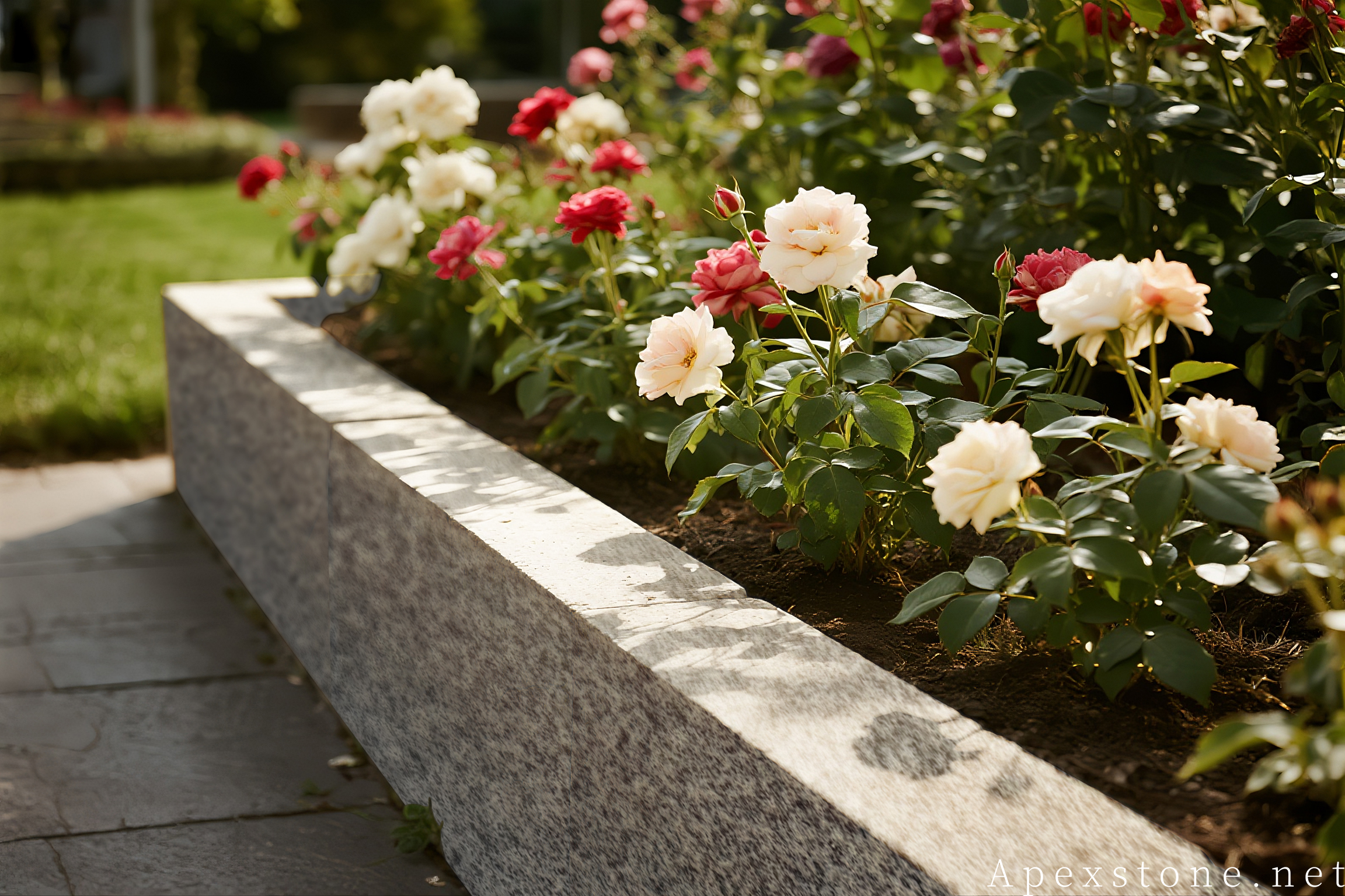 Bianco Crystal granite edging around a flower bed