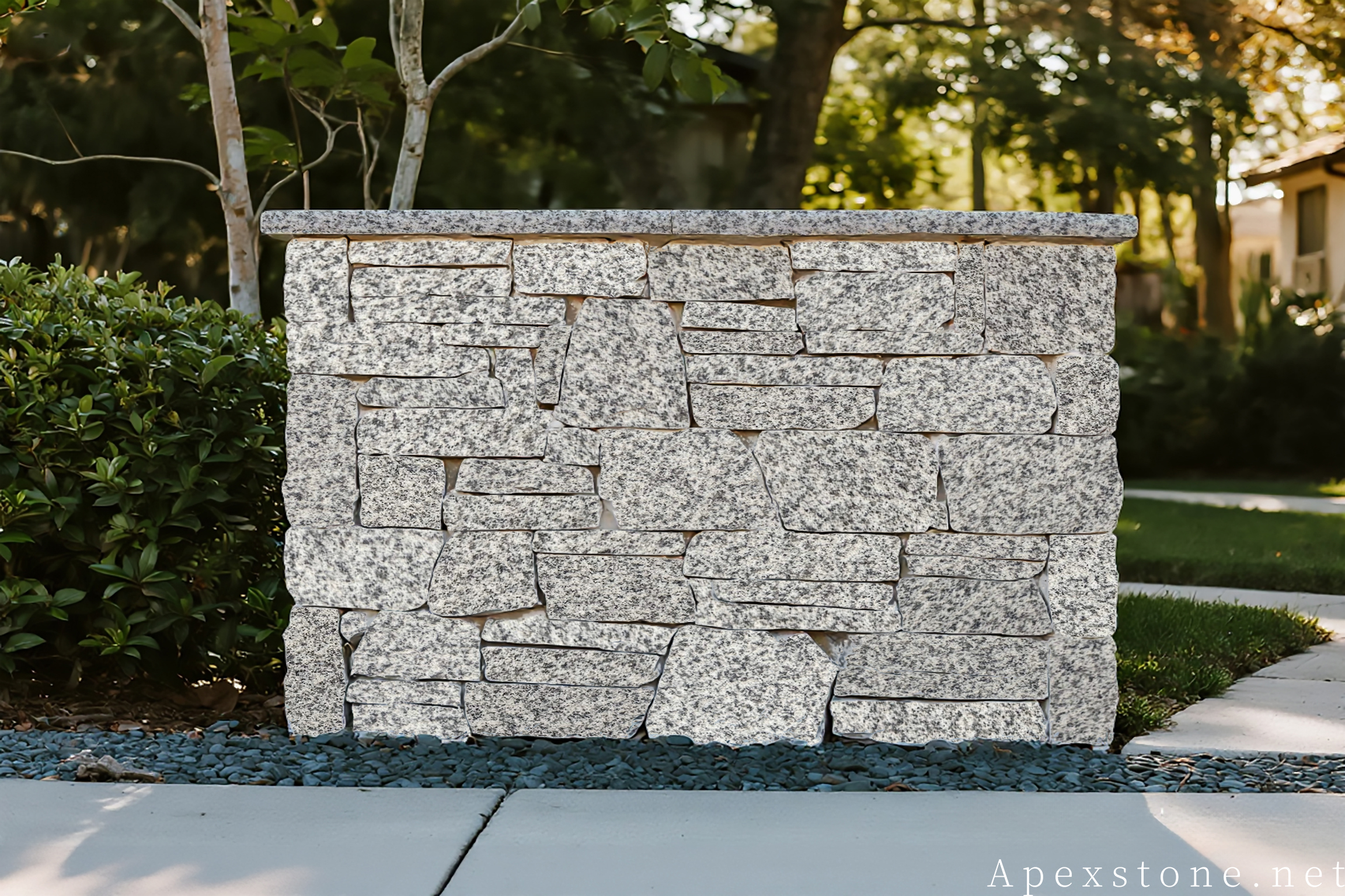 Bianco Crystal granite ledgestone garden wall