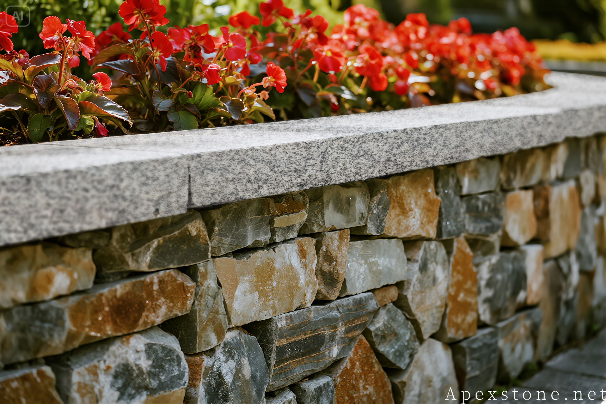 Bianco Crystal granite wall cap on a garden wall