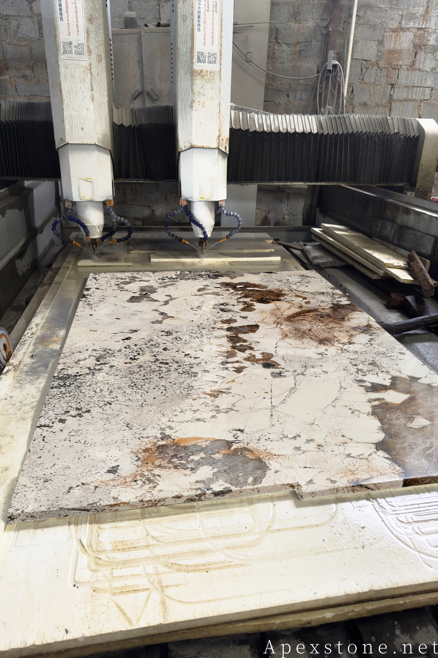 CNC sink cut-out machining on a Pandora quartzite vanity top