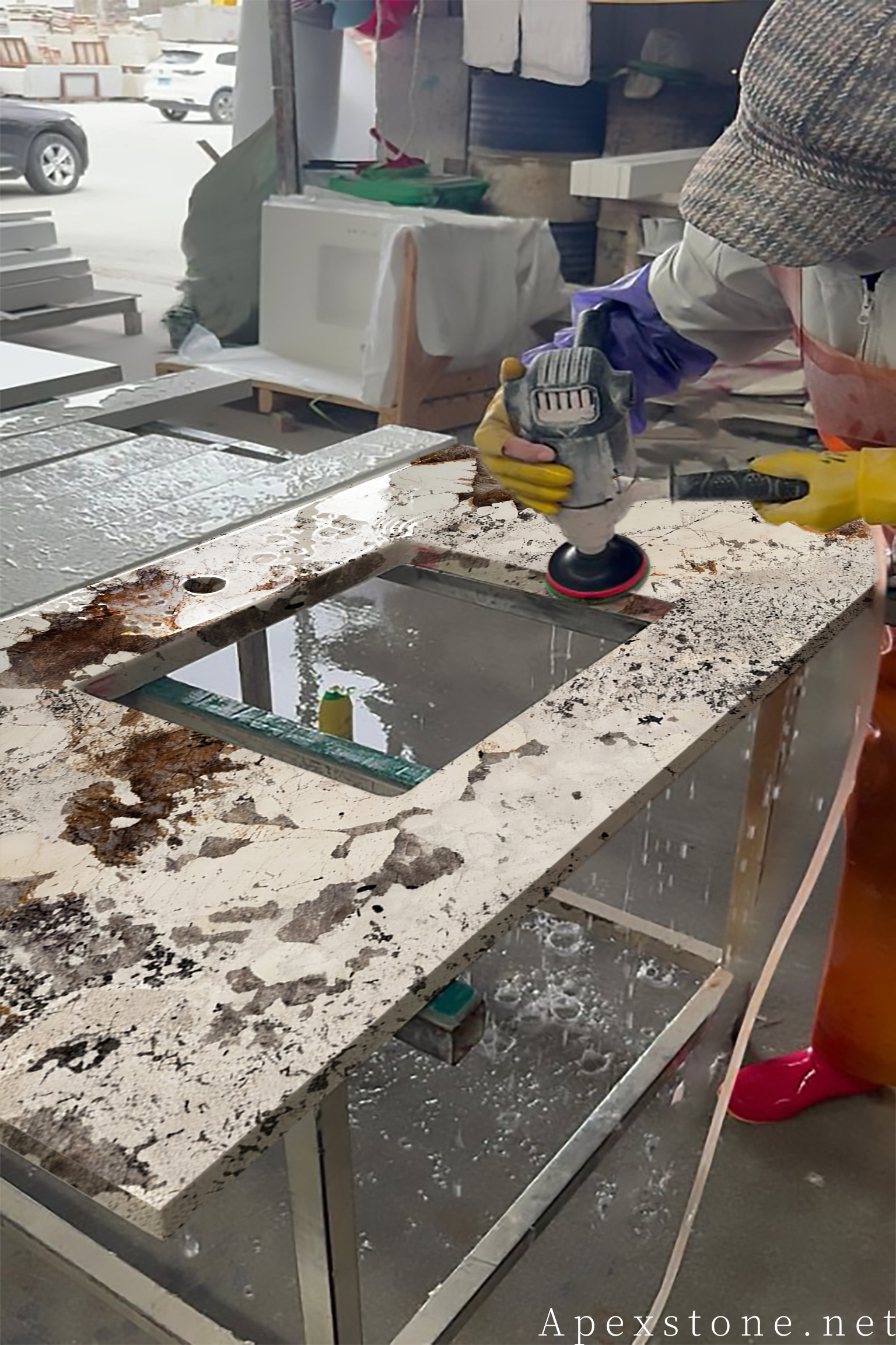CNC sink cut-out machining on Pandora quartzite countertops