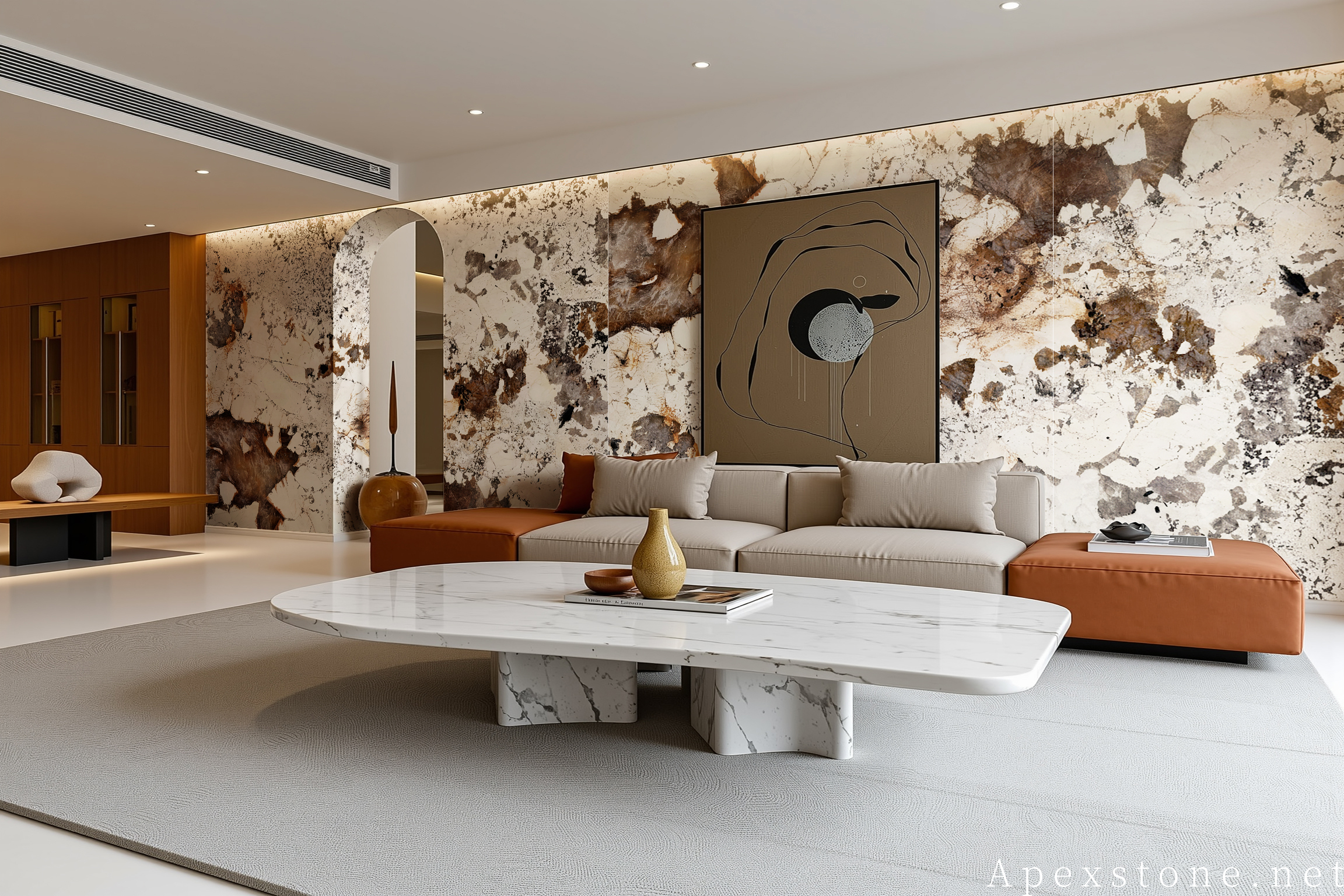 Backlit Pandora quartzite wall glowing with warm amber depth