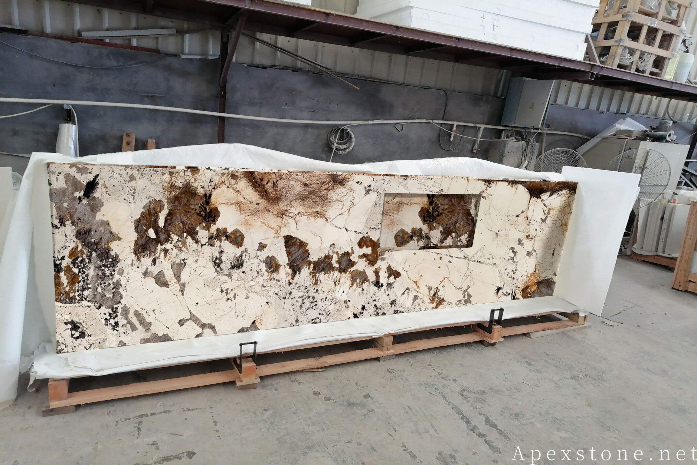 Pandora quartzite countertops being packed for export