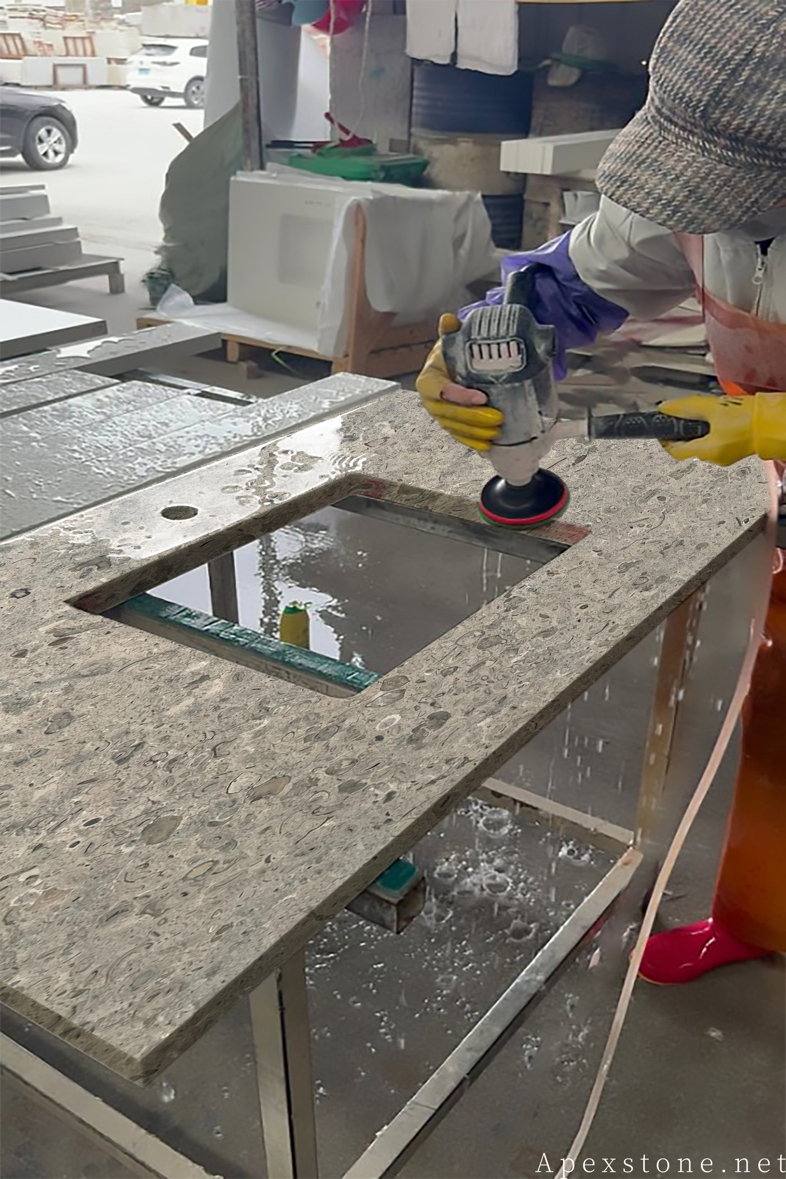 Portuguese Grey limestone countertop sink cutout processing