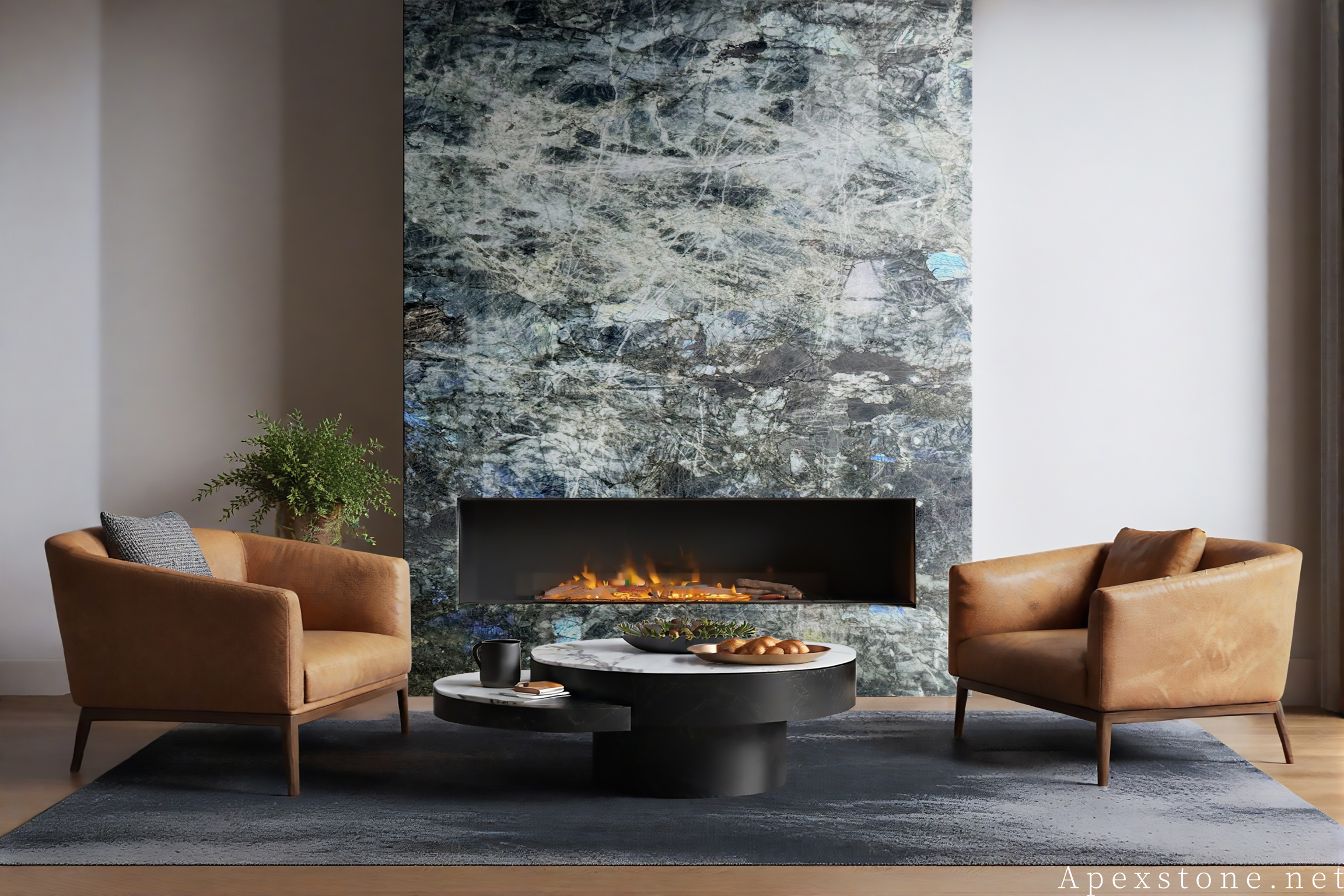 Blue Emerald Labradorite accent wall with dazzling blue iridescence in luxury interior
