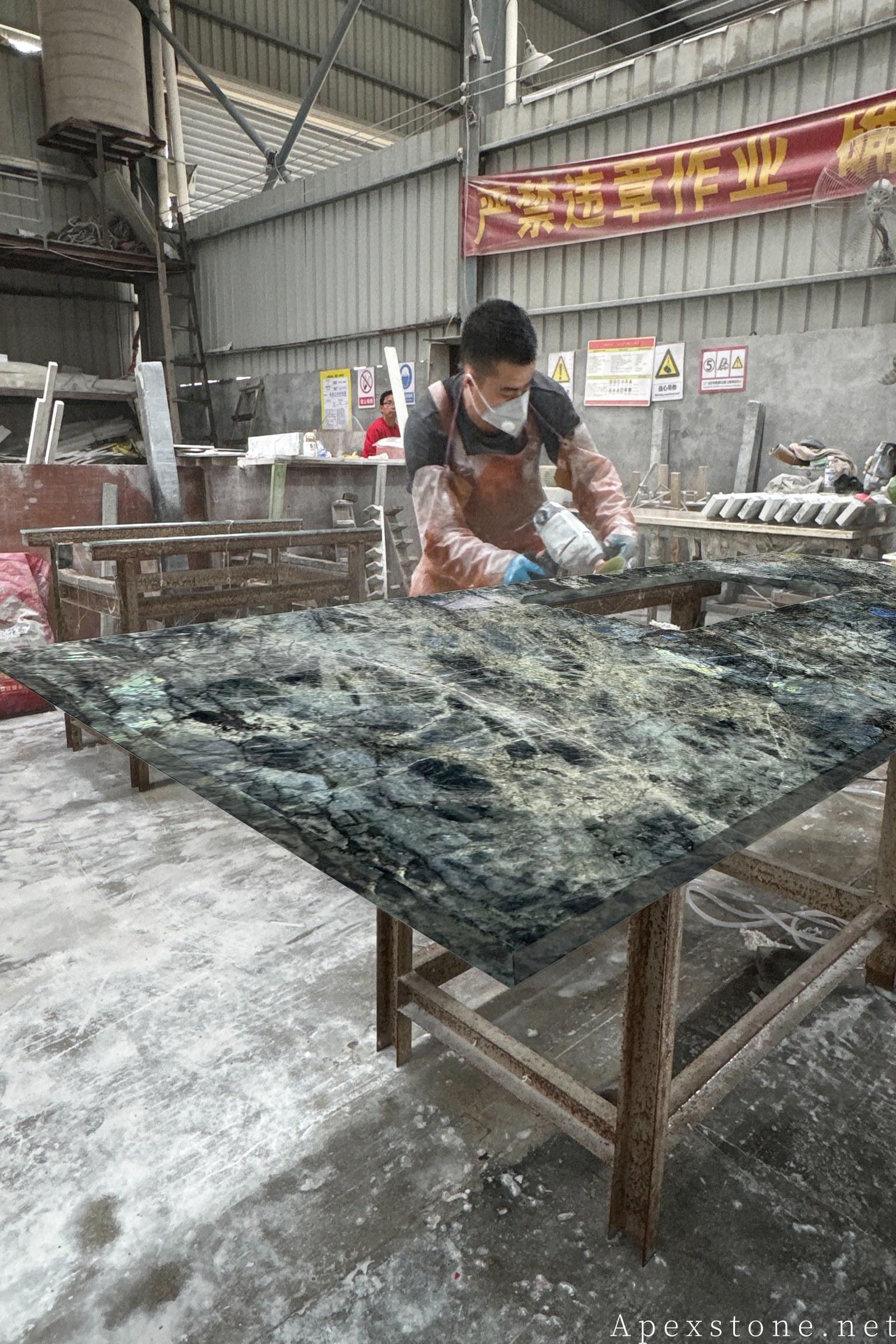 Blue Emerald Labradorite tabletop edge polishing