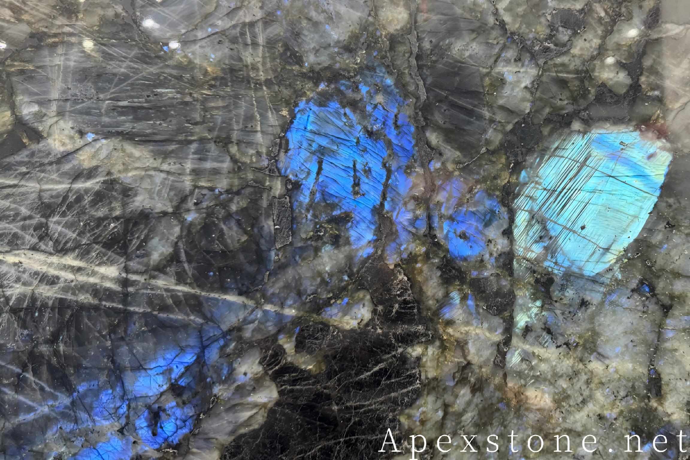 Blue Emerald Labradorite slab closeup showing blue iridescence detail