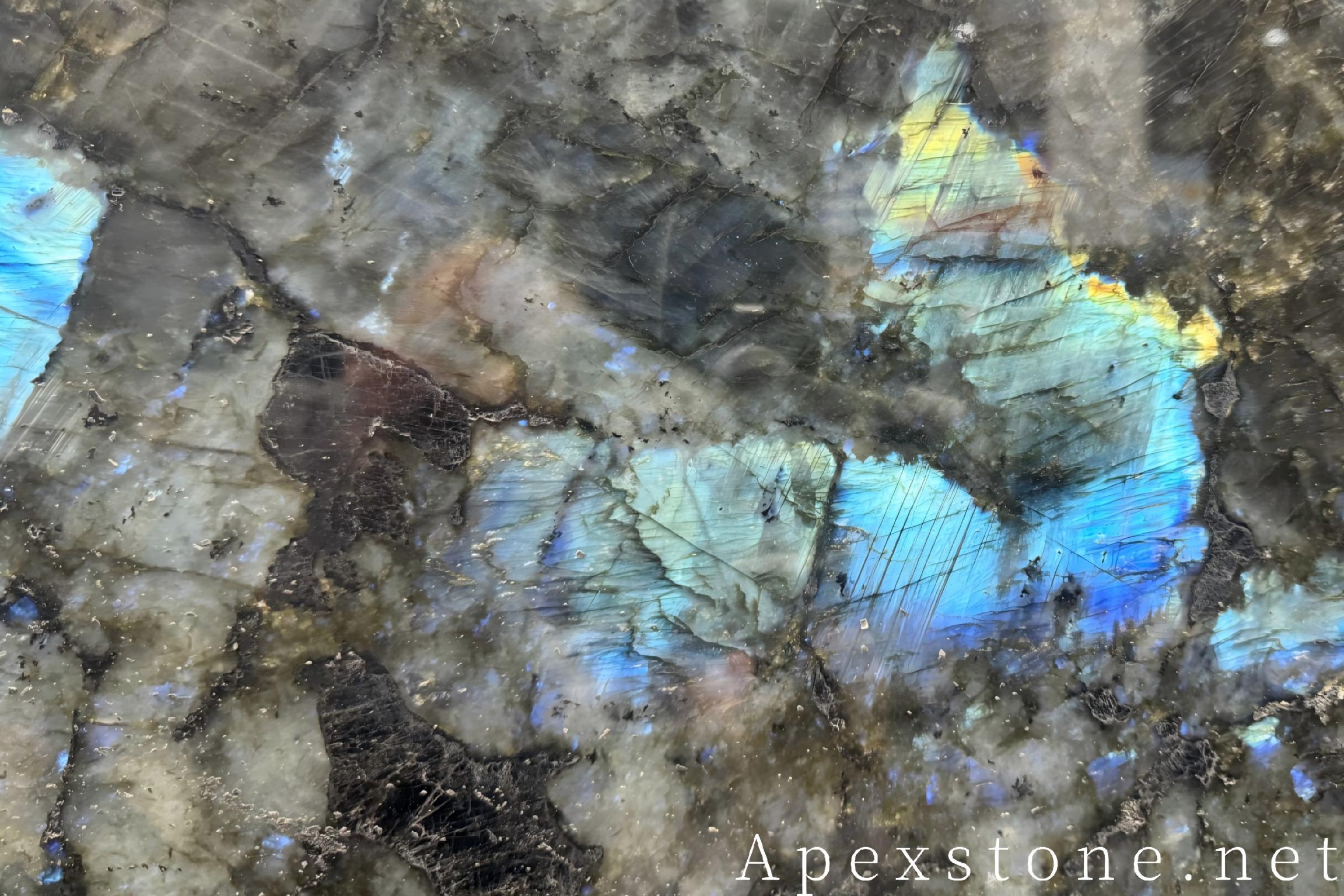Blue Emerald Labradorite slab detail showing iridescence and black base