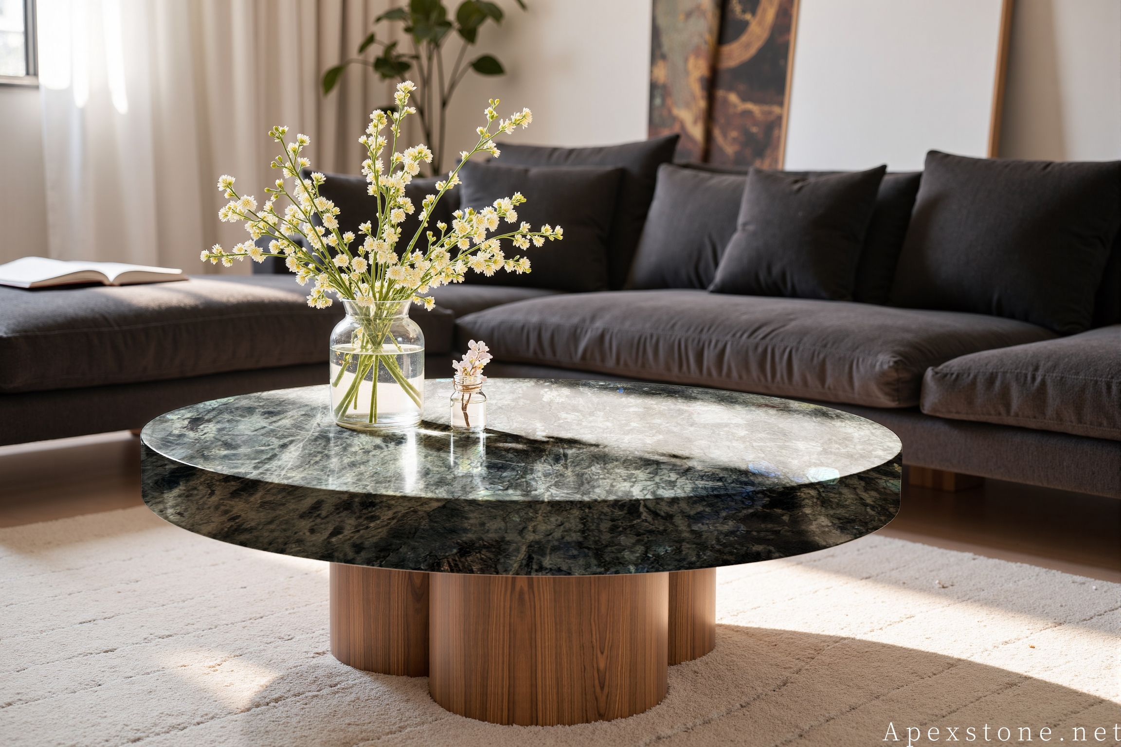 Blue Emerald Labradorite circular pedestal coffee table