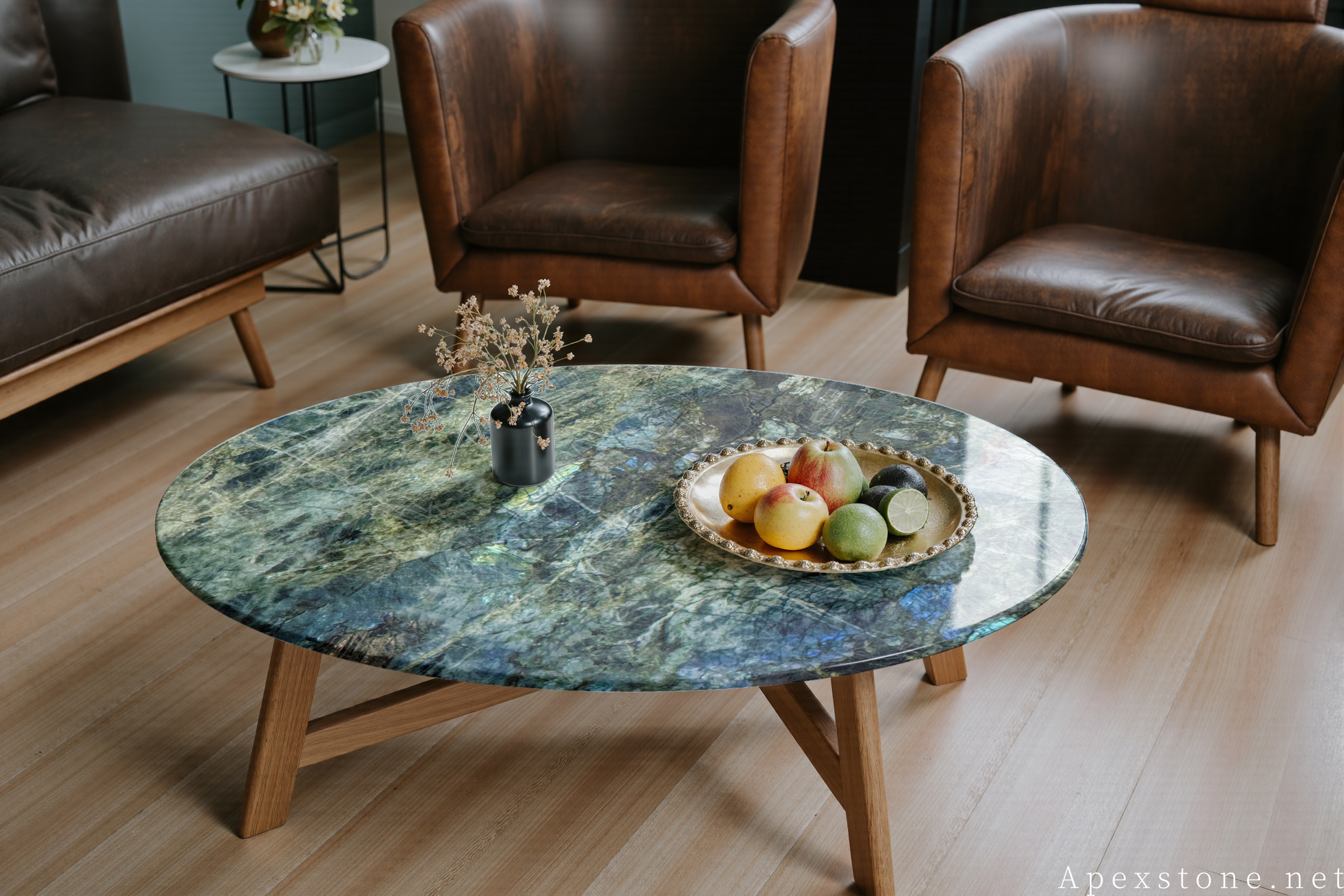 Blue Emerald Labradorite oval wood-base coffee table