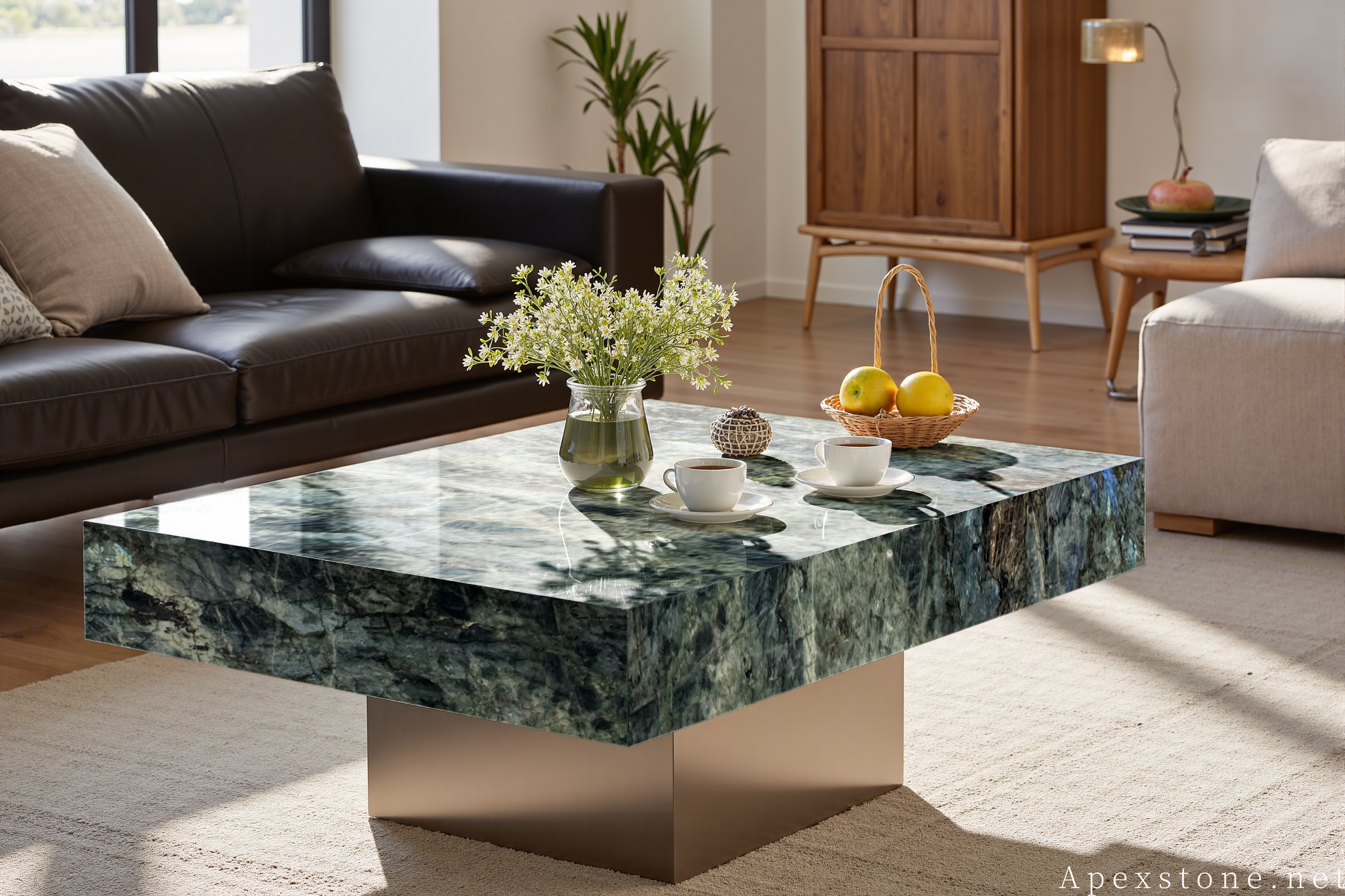 Blue Emerald Labradorite rectangular chrome-base cocktail table