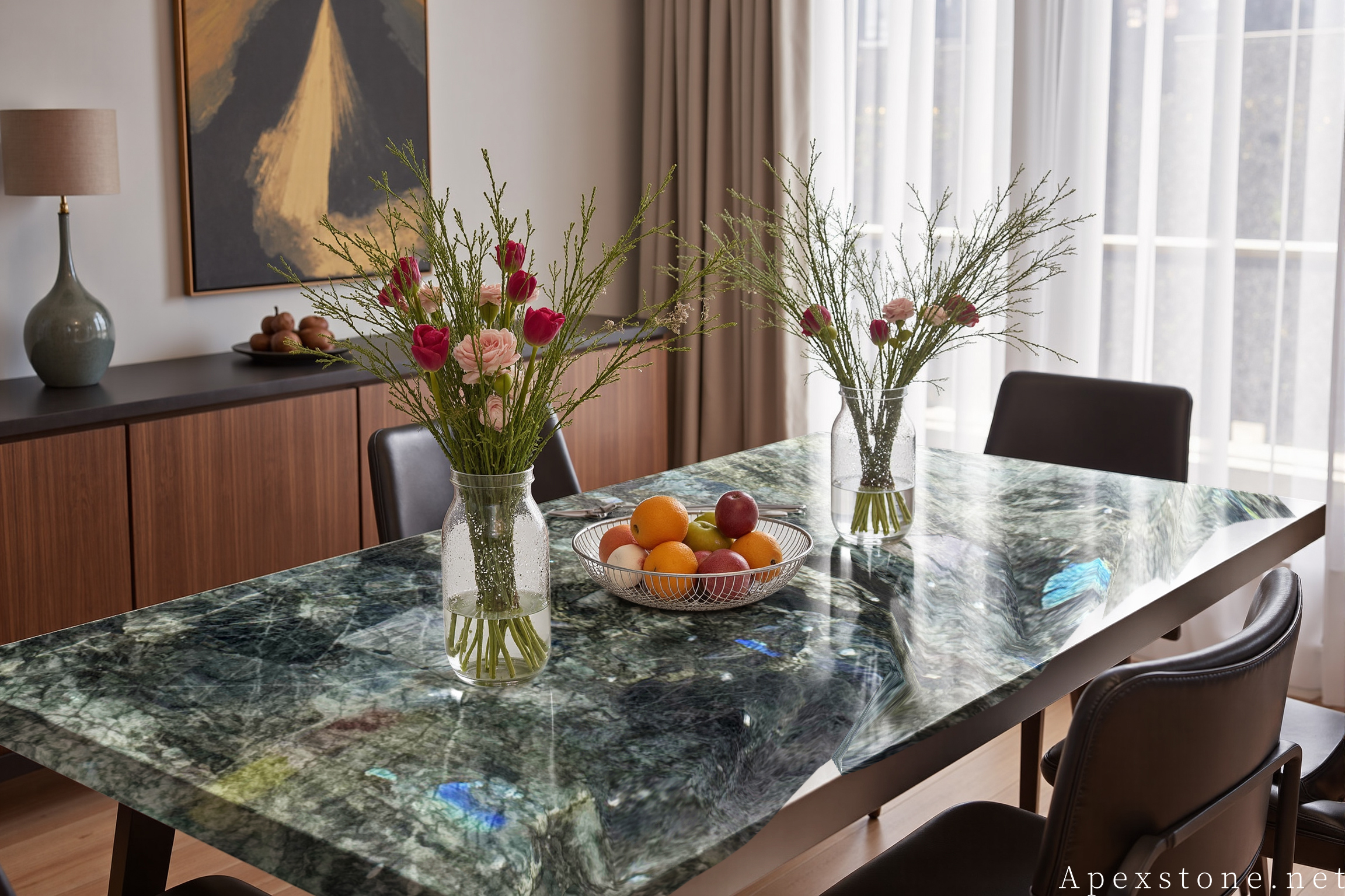 Blue Emerald Labradorite rectangular wooden dinette table