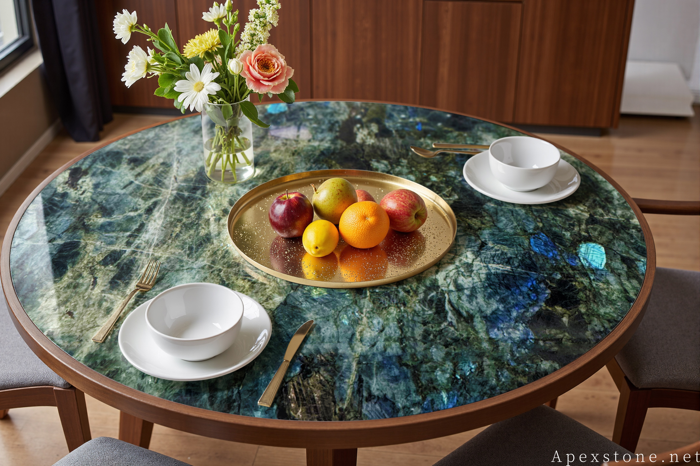 Blue Emerald Labradorite round wood-base bistro table