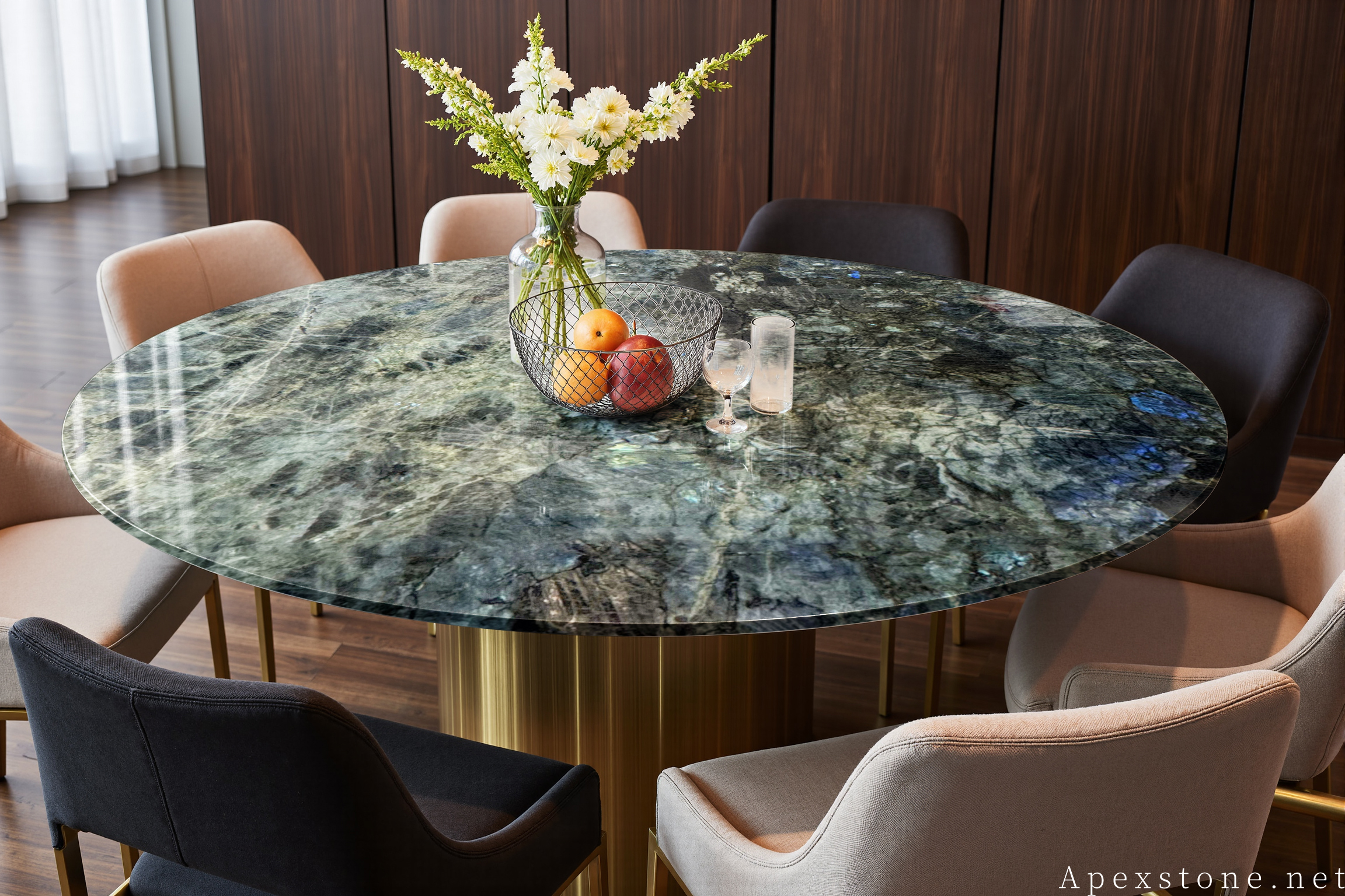 Blue Emerald Labradorite round brass-base dining table
