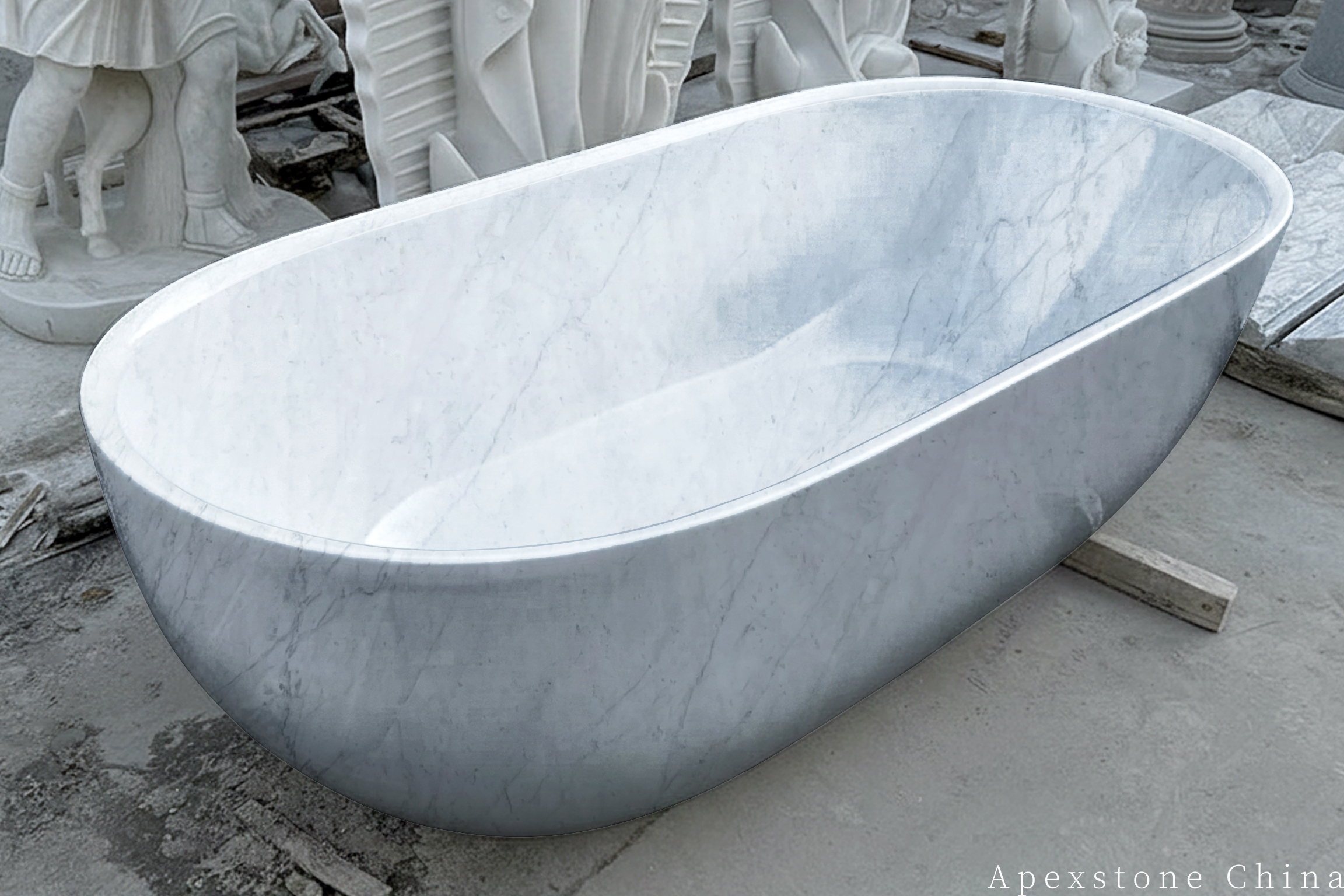 Statuario Venato marble bathtub carved from a single block