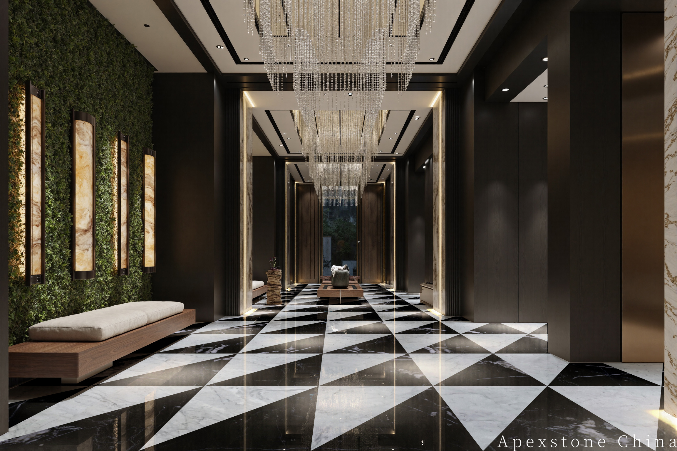 Statuario Venato marble hotel foyer floor stone installation