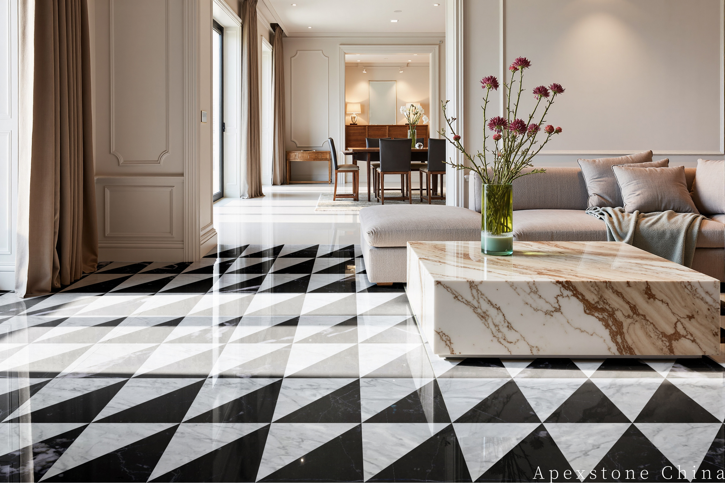 Statuario Venato marble hall floor ideas with pattern
