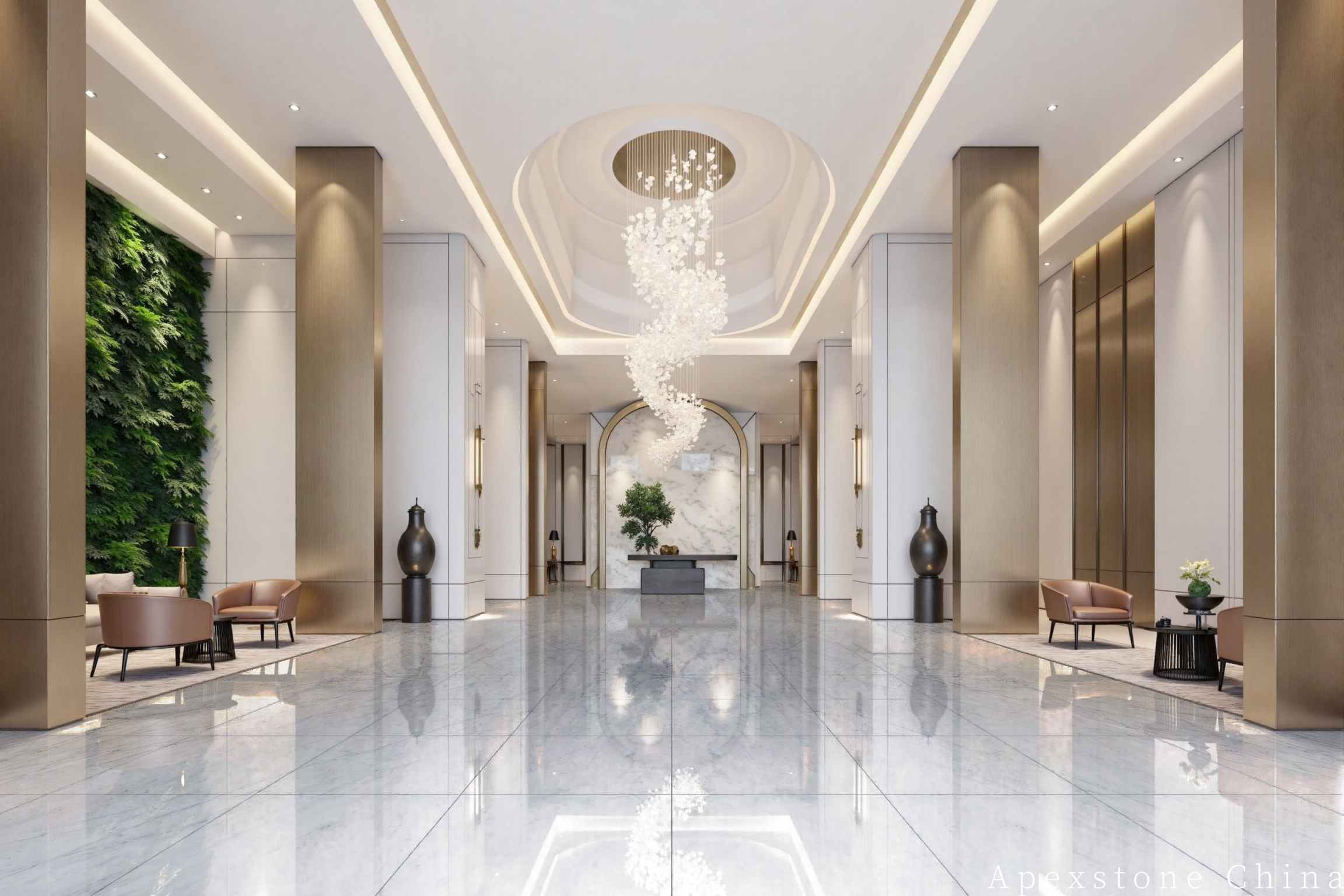 Statuario Venato marble hotel hallway floor installation